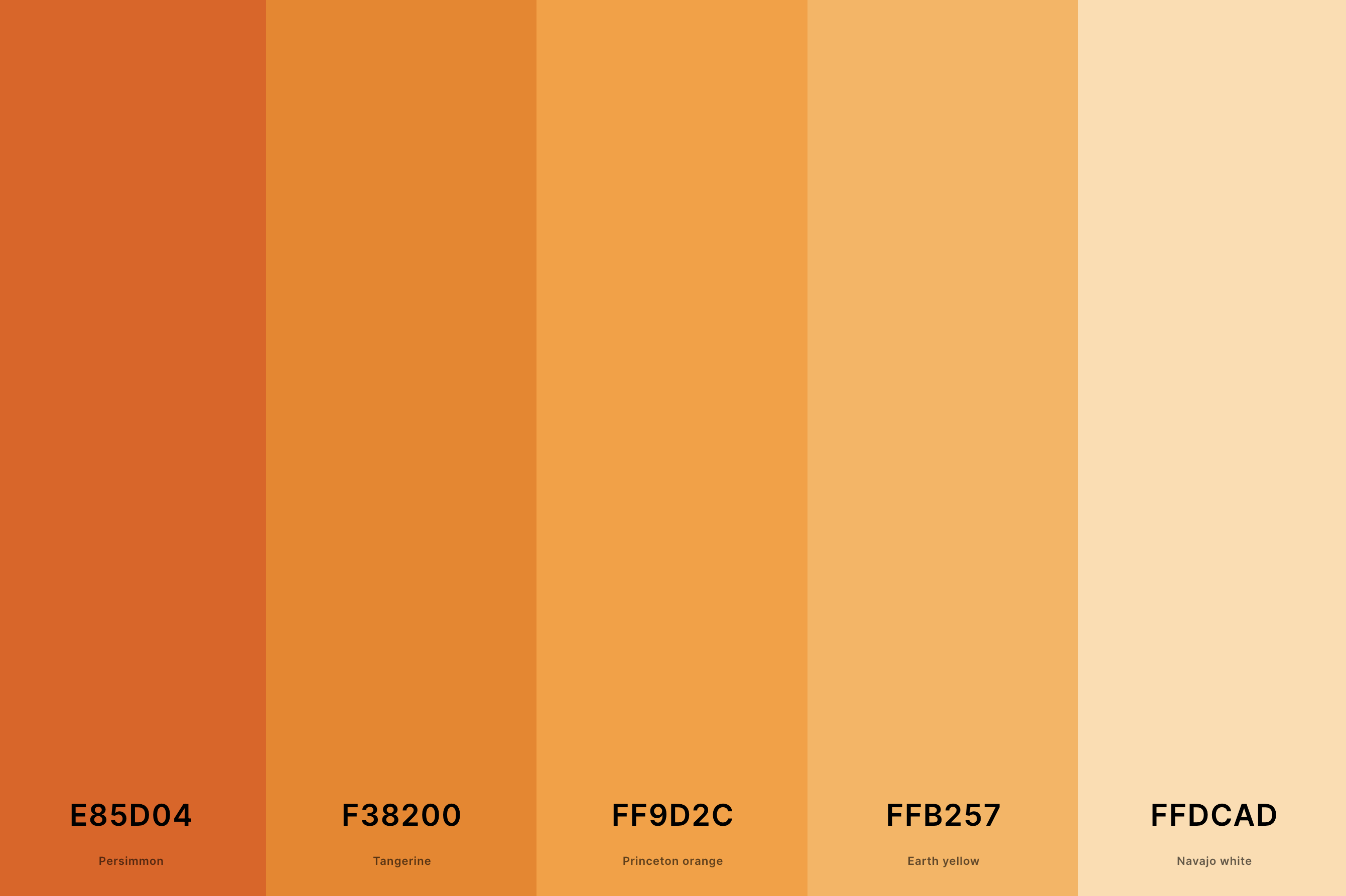 10. Golden Hour Color Palette Color Palette with Persimmon (Hex #E85D04) + Tangerine (Hex #F38200) + Princeton Orange (Hex #FF9D2C) + Earth Yellow (Hex #FFB257) + Navajo White (Hex #FFDCAD) Color Palette with Hex Codes
