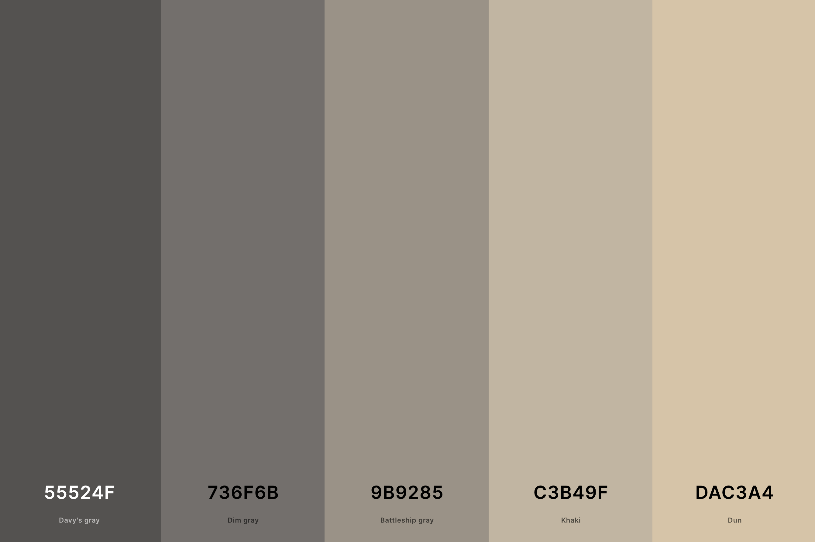 10. Gray And Tan Color Palette Color Palette with Davy'S Gray (Hex #55524F) + Dim Gray (Hex #736F6B) + Battleship Gray (Hex #9B9285) + Khaki (Hex #C3B49F) + Dun (Hex #DAC3A4) Color Palette with Hex Codes