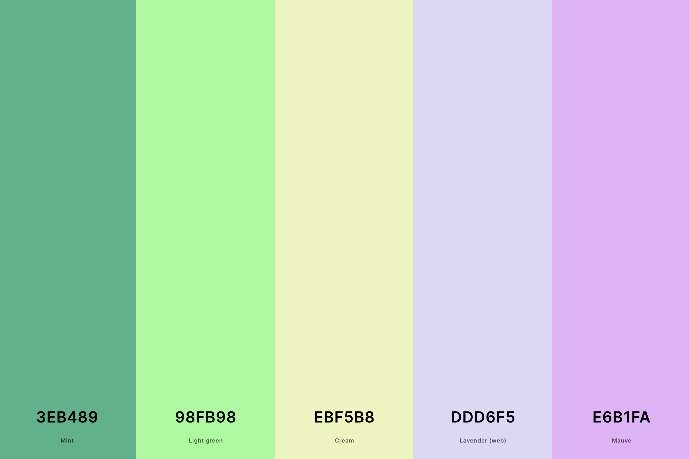 10. Lavender And Mint Green Color Palette Color Palette with Mint (Hex #3EB489) + Light Green (Hex #98FB98) + Cream (Hex #EBF5B8) + Lavender (Web) (Hex #DDD6F5) + Mauve (Hex #E6B1FA) Color Palette with Hex Codes