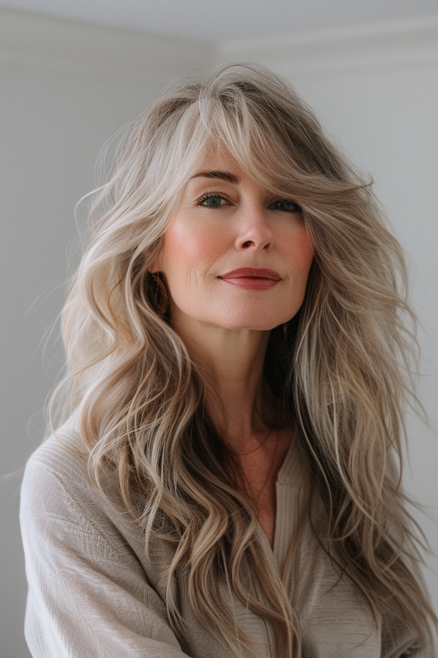 10. Long Shag with Layered Bangs - Hairstyles For Women Over 60 With Bangs