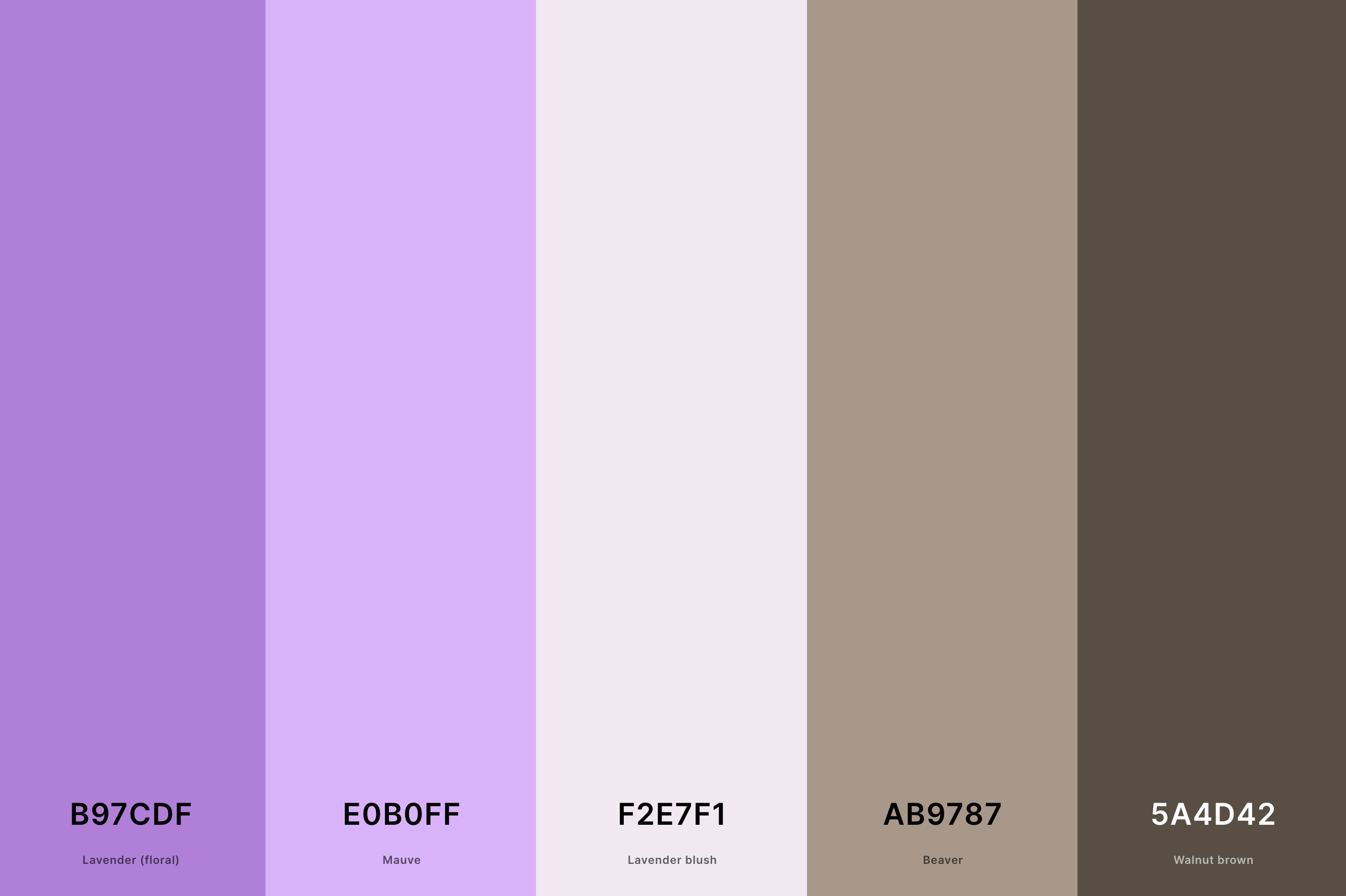 10. Mauve And Taupe Color Palette Color Palette with Lavender (Floral) (Hex #B97CDF) + Mauve (Hex #E0B0FF) + Lavender Blush (Hex #F2E7F1) + Beaver (Hex #AB9787) + Walnut Brown (Hex #5A4D42) Color Palette with Hex Codes