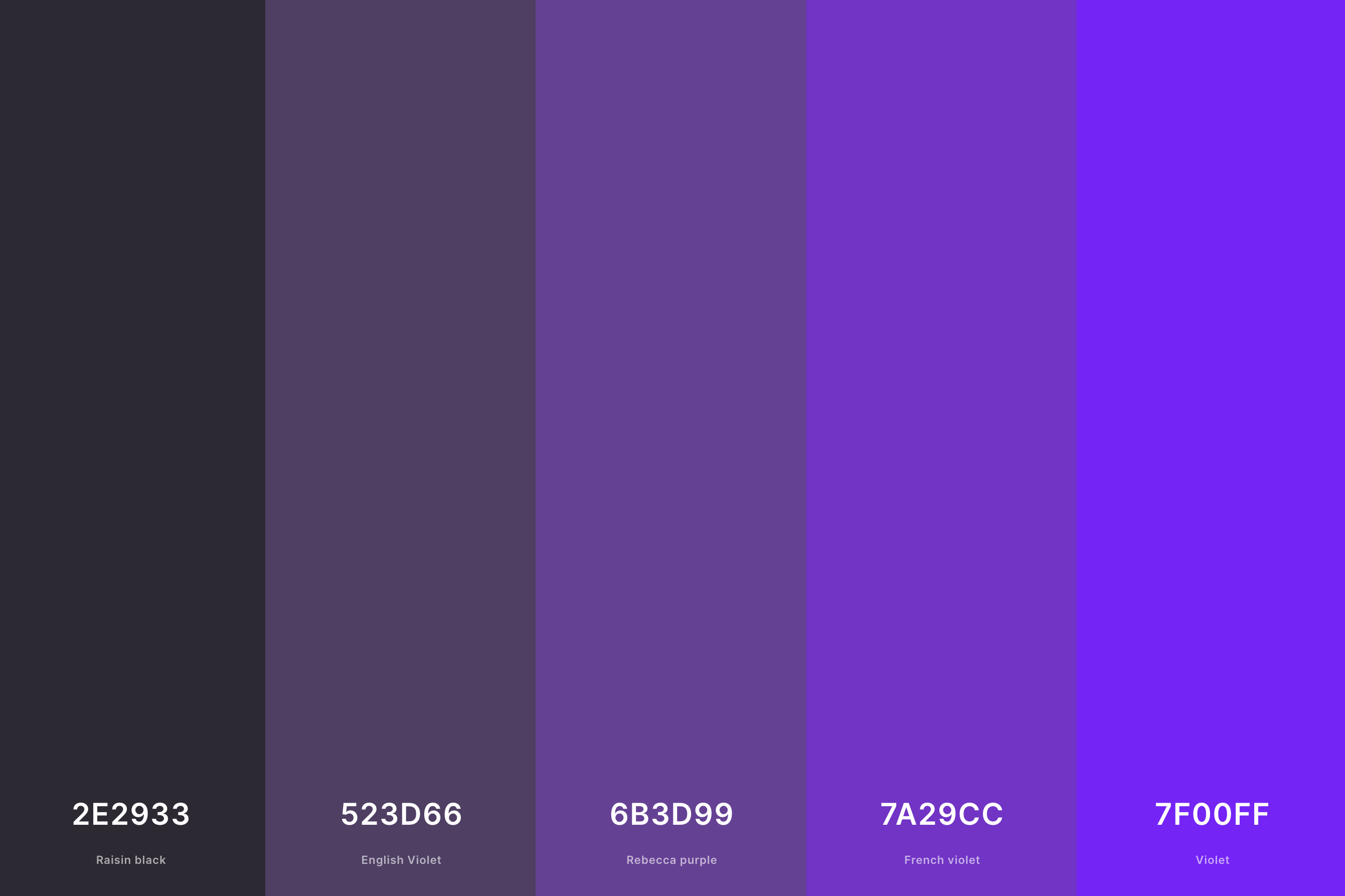 10. Monochrome Violet Color Palette Color Palette with Raisin Black (Hex #2E2933) + English Violet (Hex #523D66) + Rebecca Purple (Hex #6B3D99) + French Violet (Hex #7A29CC) + Violet (Hex #7F00FF) Color Palette with Hex Codes