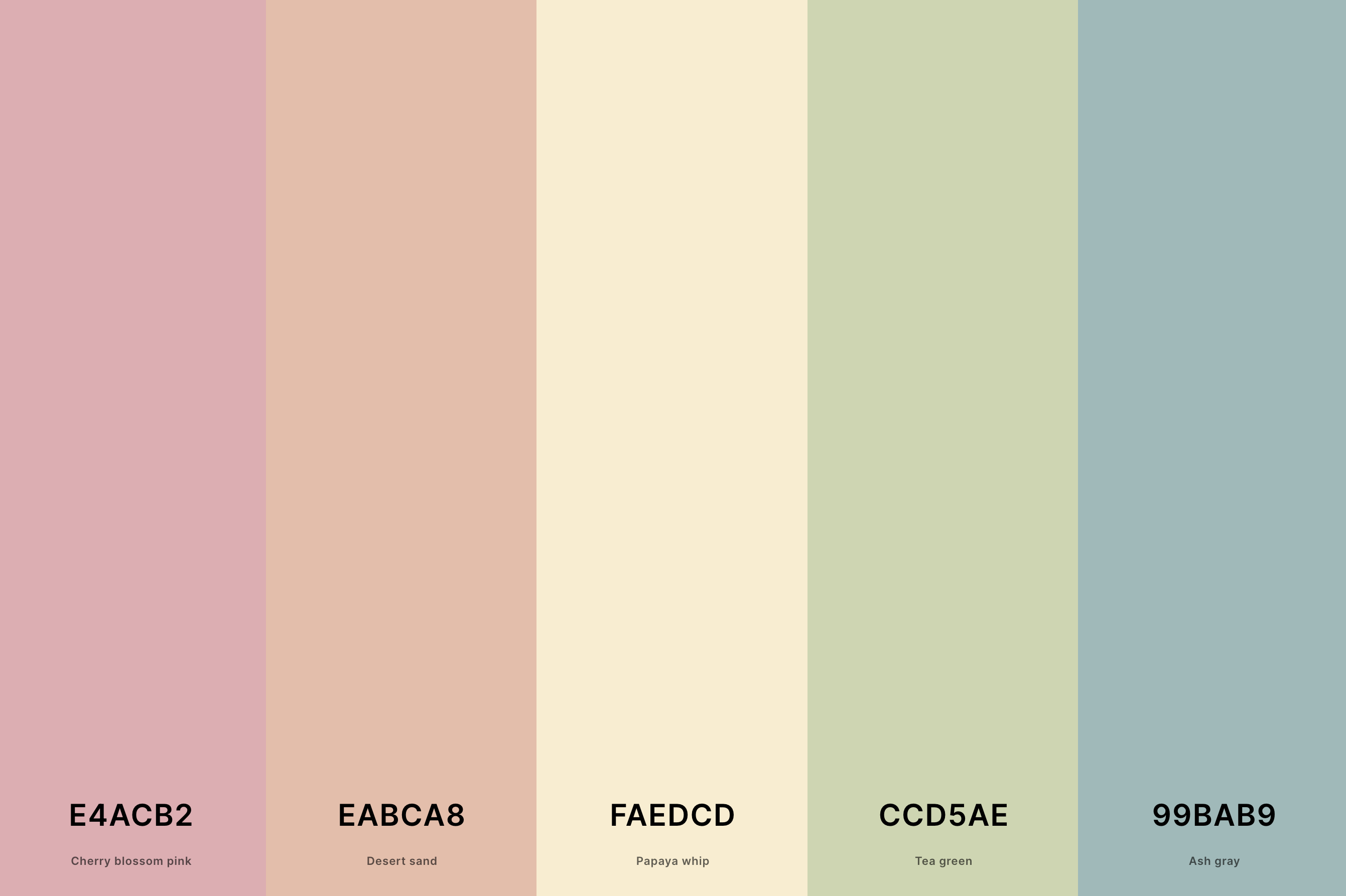 10. Muted Pastel Color Palette Color Palette with Cherry Blossom Pink (Hex #E4ACB2) + Desert Sand (Hex #EABCA8) + Papaya Whip (Hex #FAEDCD) + Tea Green (Hex #CCD5AE) + Ash Gray (Hex #99BAB9) Color Palette with Hex Codes