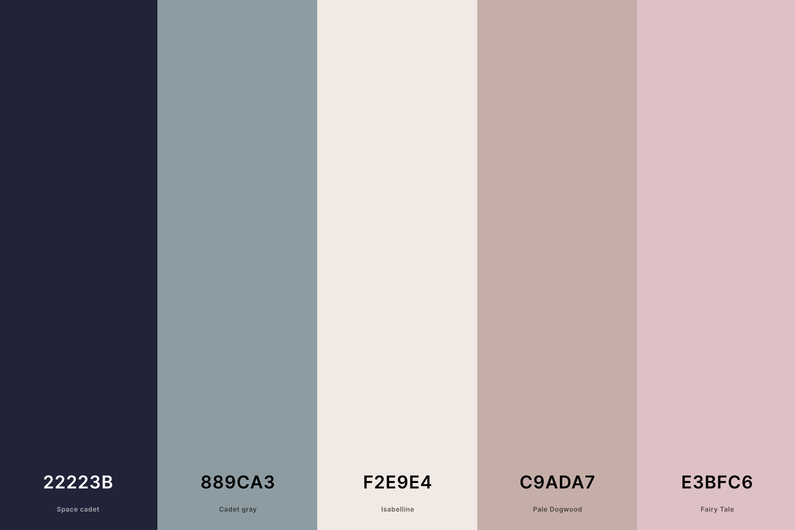 10. Neutral Wedding Color Palette Color Palette with Space Cadet (Hex #22223B) + Cadet Gray (Hex #889CA3) + Isabelline (Hex #F2E9E4) + Pale Dogwood (Hex #C9ADA7) + Fairy Tale (Hex #E3BFC6) Color Palette with Hex Codes