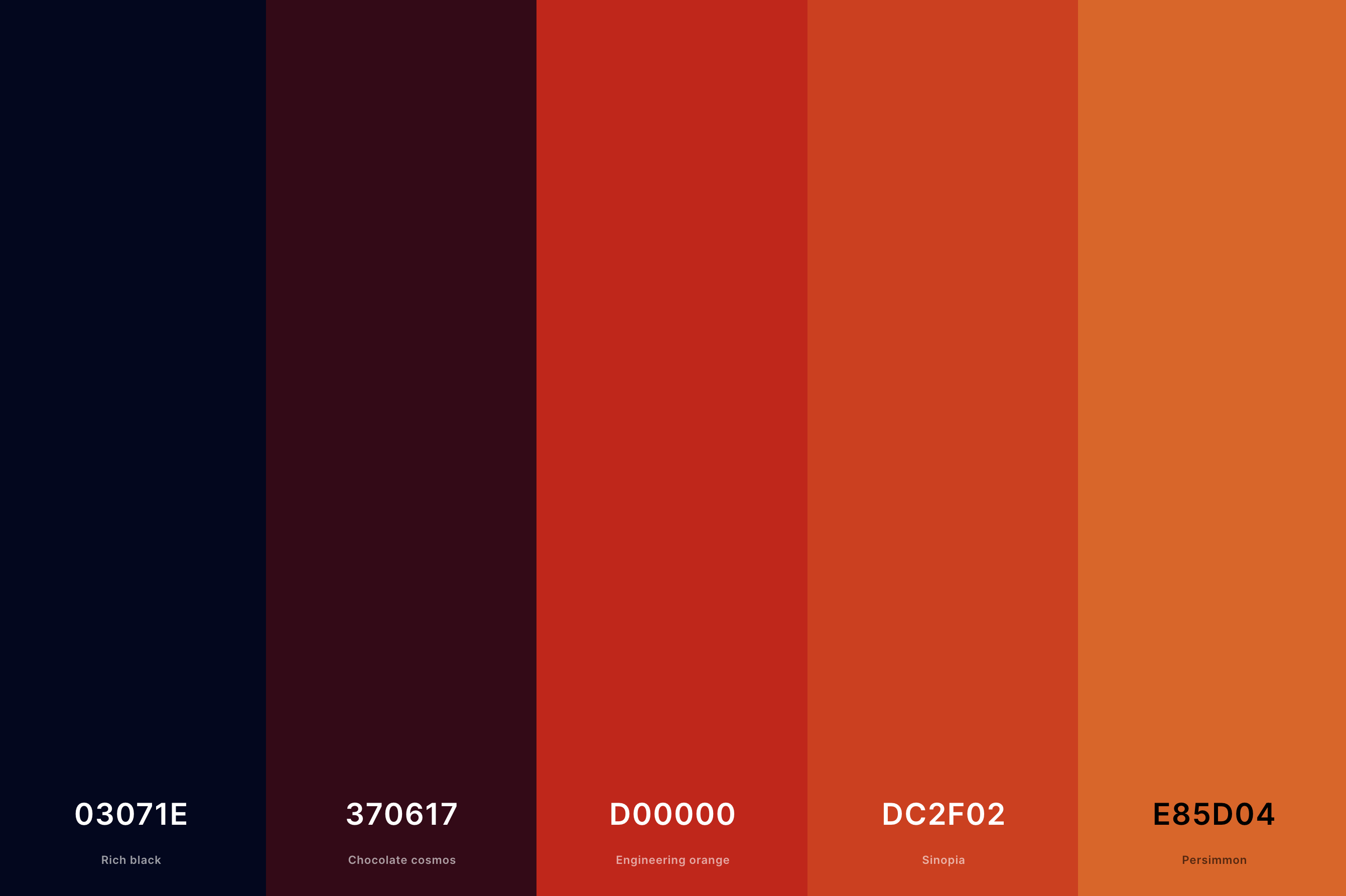 10. Orange And Black Color Palette Color Palette with Rich Black (Hex #03071E) + Chocolate Cosmos (Hex #370617) + Engineering Orange (Hex #D00000) + Sinopia (Hex #DC2F02) + Persimmon (Hex #E85D04) Color Palette with Hex Codes