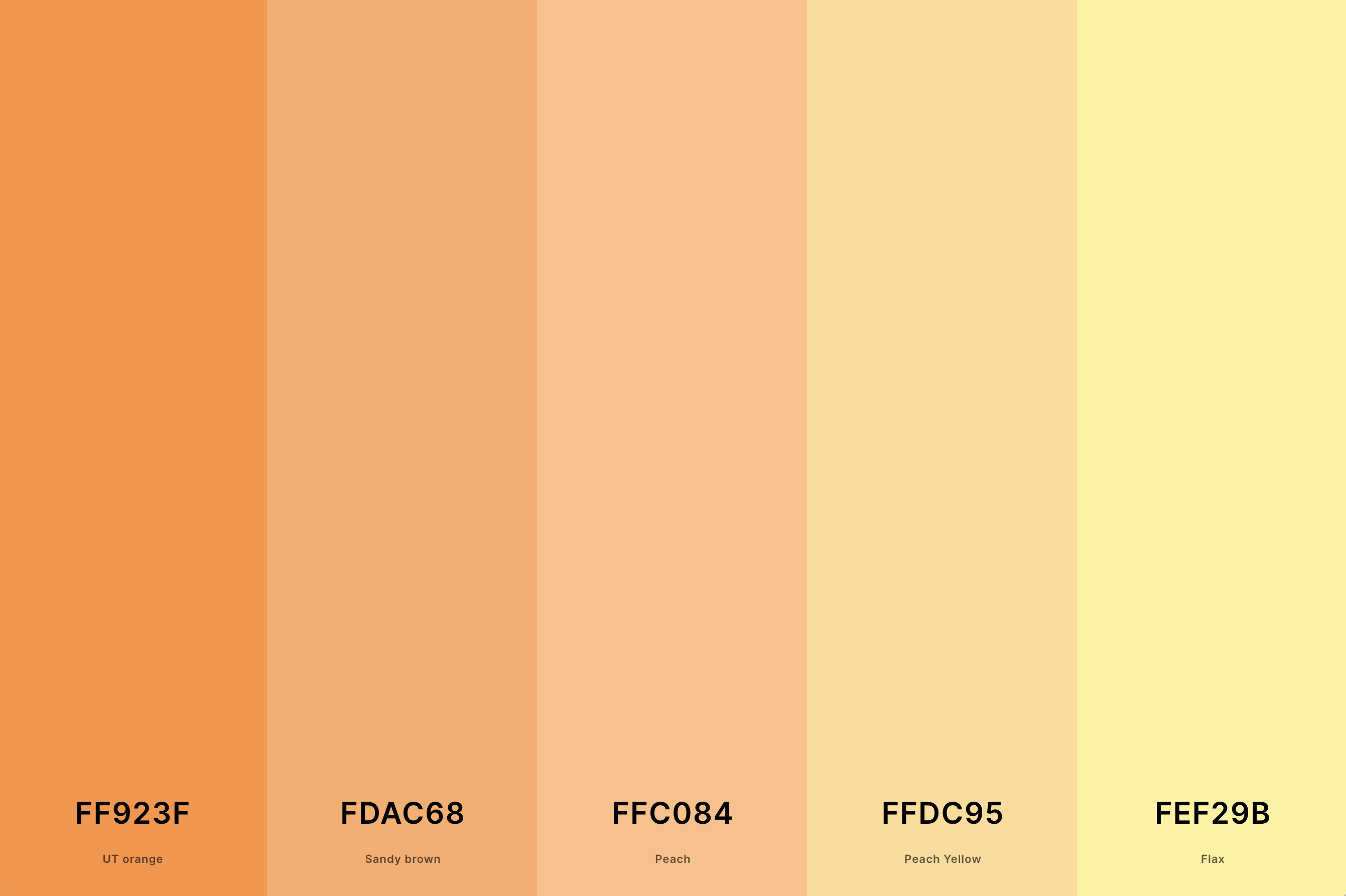 10. Pastel Orange Color Palette Color Palette with Ut Orange (Hex #FF923F) + Sandy Brown (Hex #FDAC68) + Peach (Hex #FFC084) + Peach Yellow (Hex #FFDC95) + Flax (Hex #FEF29B) Color Palette with Hex Codes