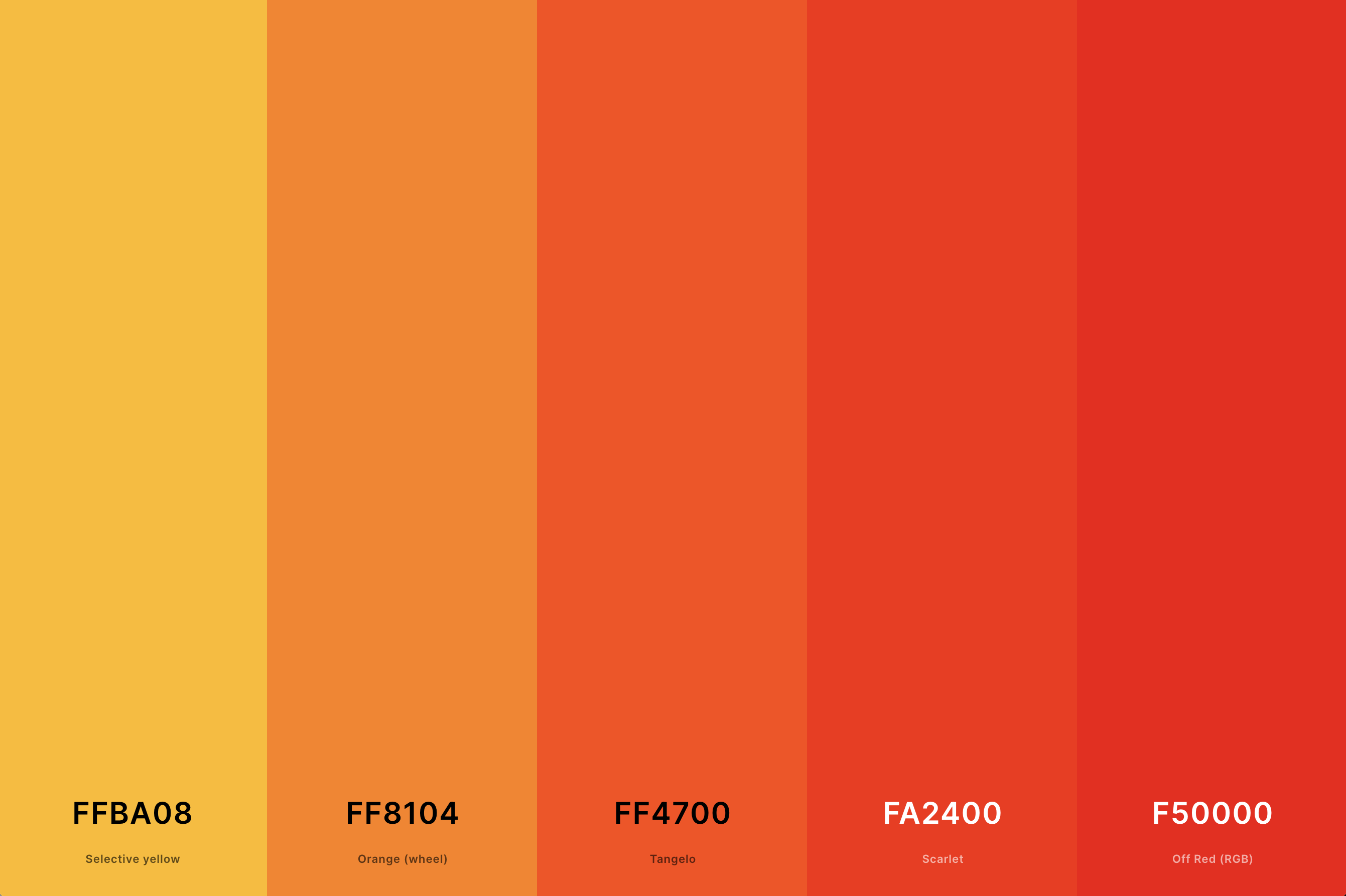 10. Red And Orange Color Palette Color Palette with Selective Yellow (Hex #FFBA08) + Orange (Wheel) (Hex #FF8104) + Tangelo (Hex #FF4700) + Scarlet (Hex #FA2400) + Off Red (Rgb) (Hex #F50000) Color Palette with Hex Codes