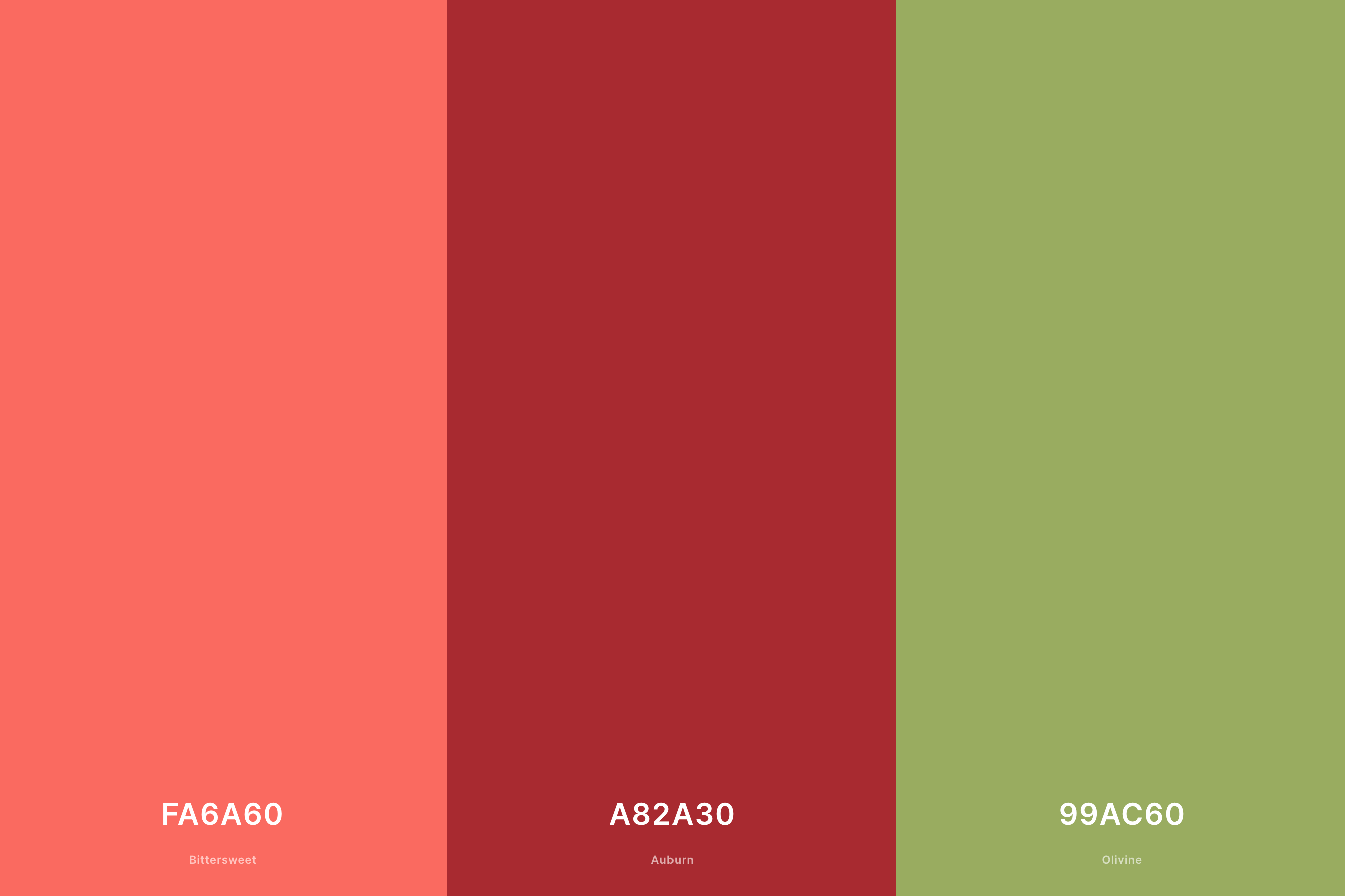10. Red and Lime Green Christmas Palette Color Palette with Bittersweet (Hex #FA6A60) + Auburn (Hex #A82A30) + Olivine (Hex #99AC60) with Hex Codes