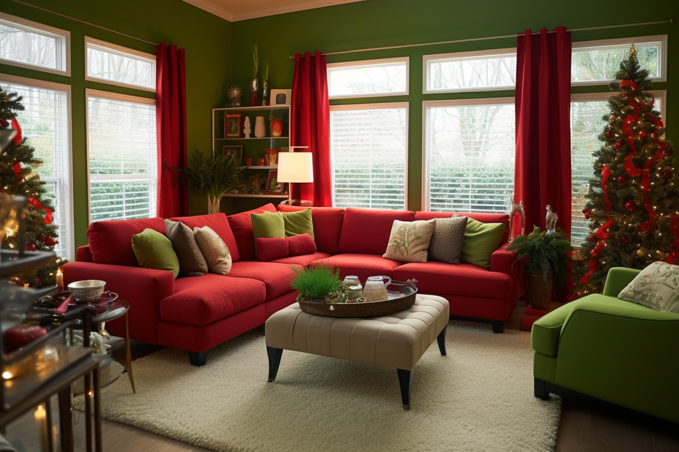 10. Red and Lime Green Christmas Scheme. A family room that's decked the halls in festive red and lime green.