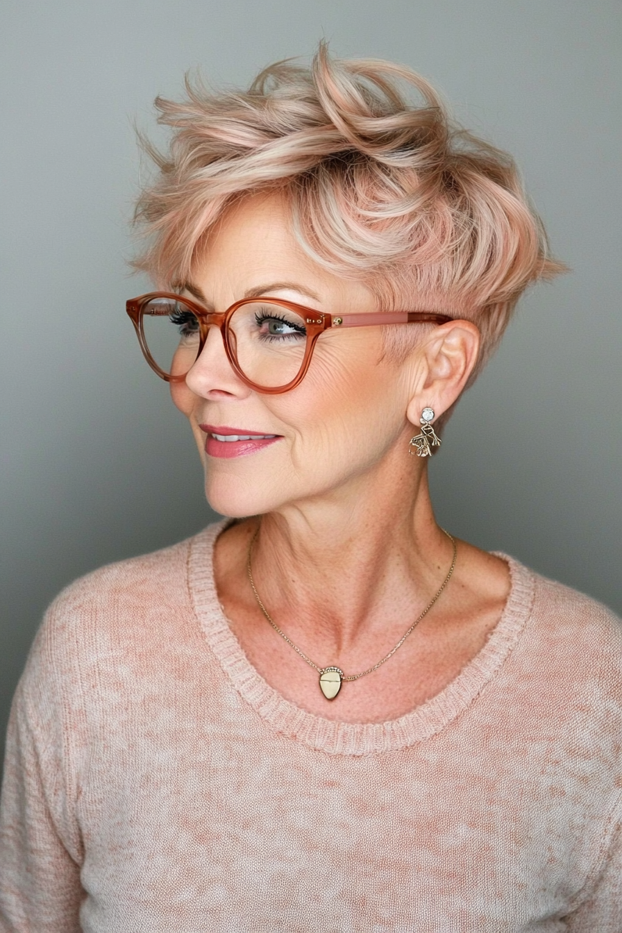 10. Rose Gold Tousled Pixie (Hairstyles For Older Women With Thick Hair) - Short Hairstyles For Older Women With Glasses