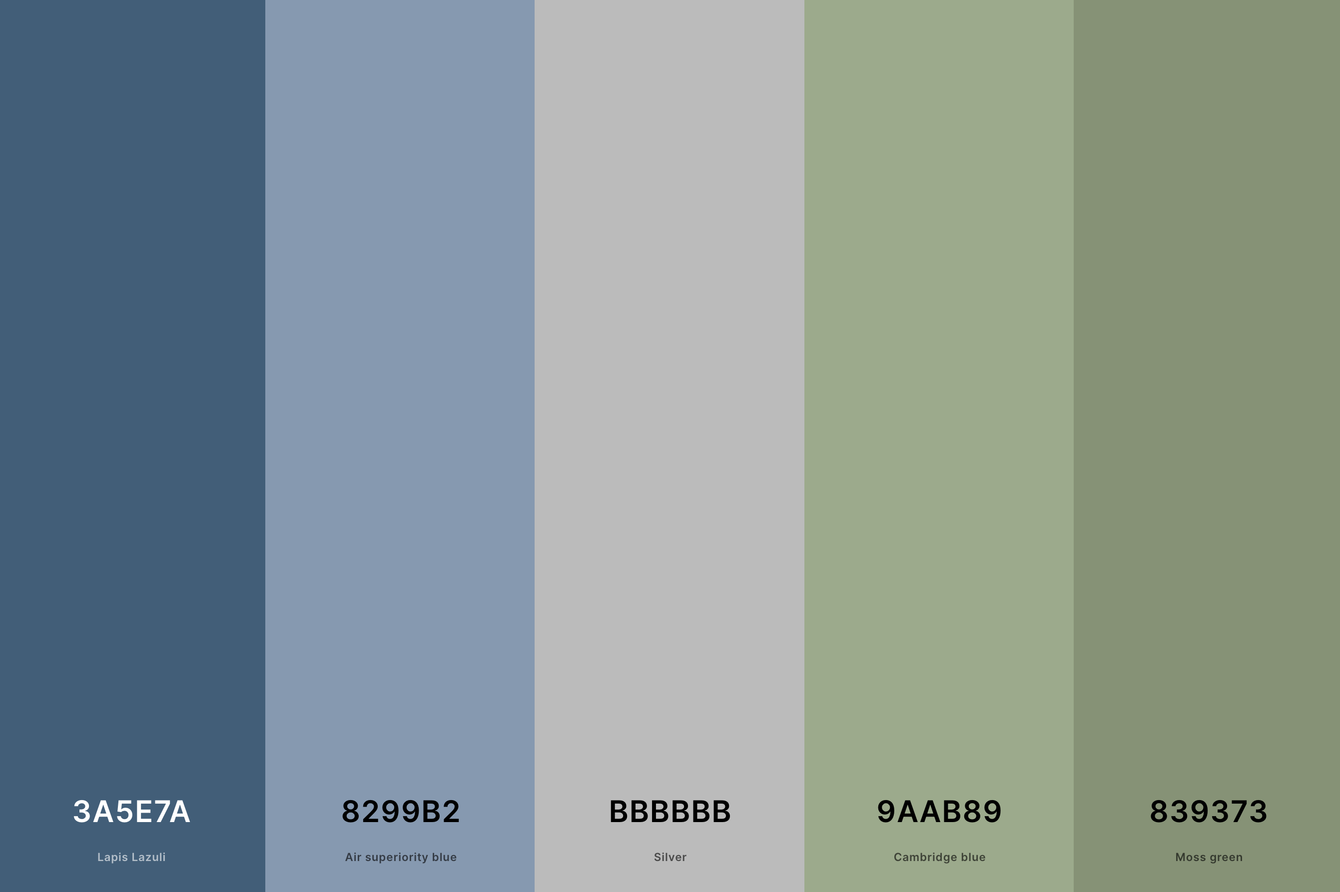 10. Sage Green And Dusty Blue Color Palette Color Palette with Lapis Lazuli (Hex #3A5E7A) + Air Superiority Blue (Hex #8299B2) + Silver (Hex #BBBBBB) + Cambridge Blue (Hex #9AAB89) + Moss Green (Hex #839373) Color Palette with Hex Codes