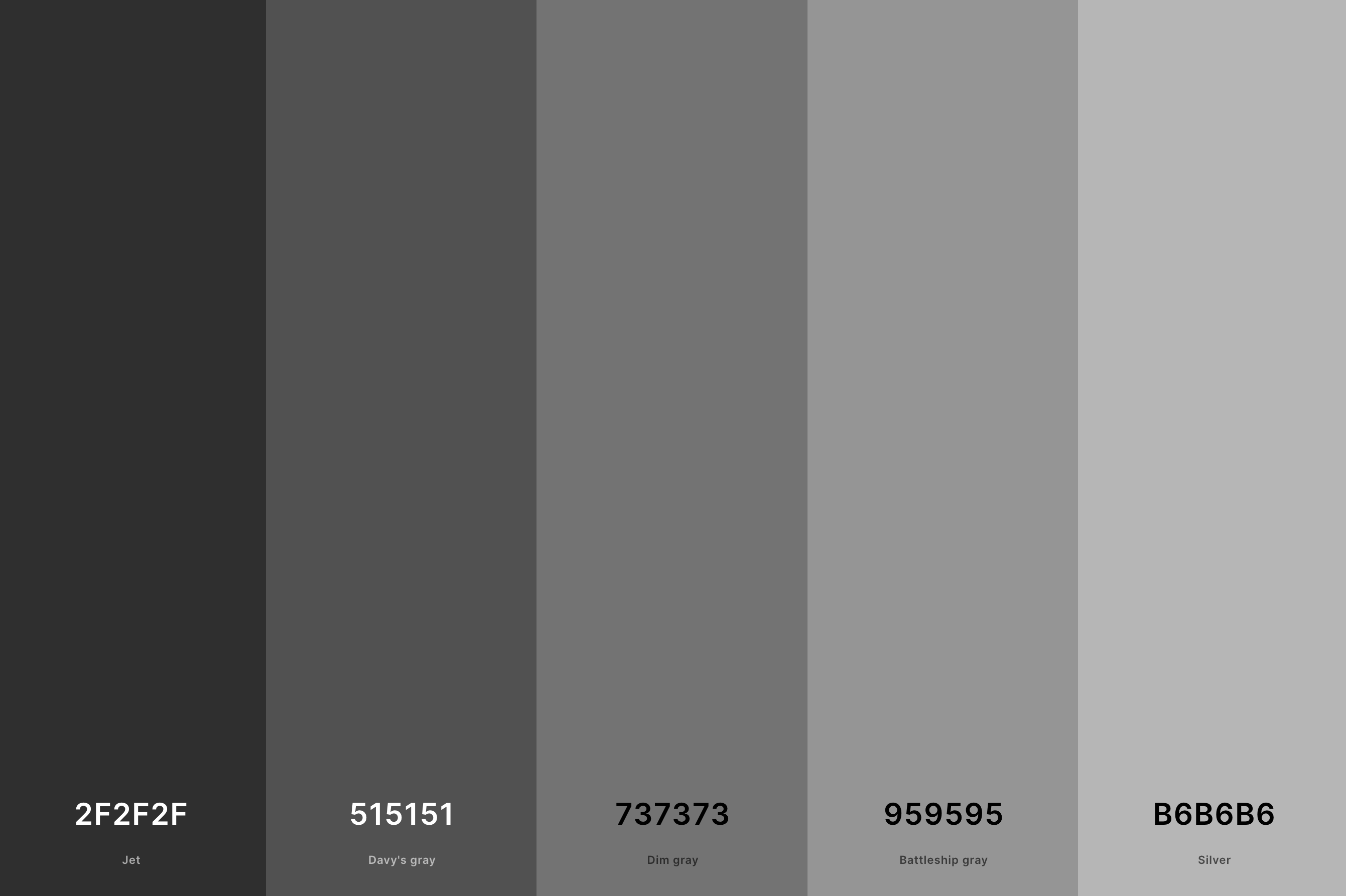 10. Shades Of Gray Color Palette Color Palette with Jet (Hex #2F2F2F) + Davy'S Gray (Hex #515151) + Dim Gray (Hex #737373) + Battleship Gray (Hex #959595) + Silver (Hex #B6B6B6) Color Palette with Hex Codes