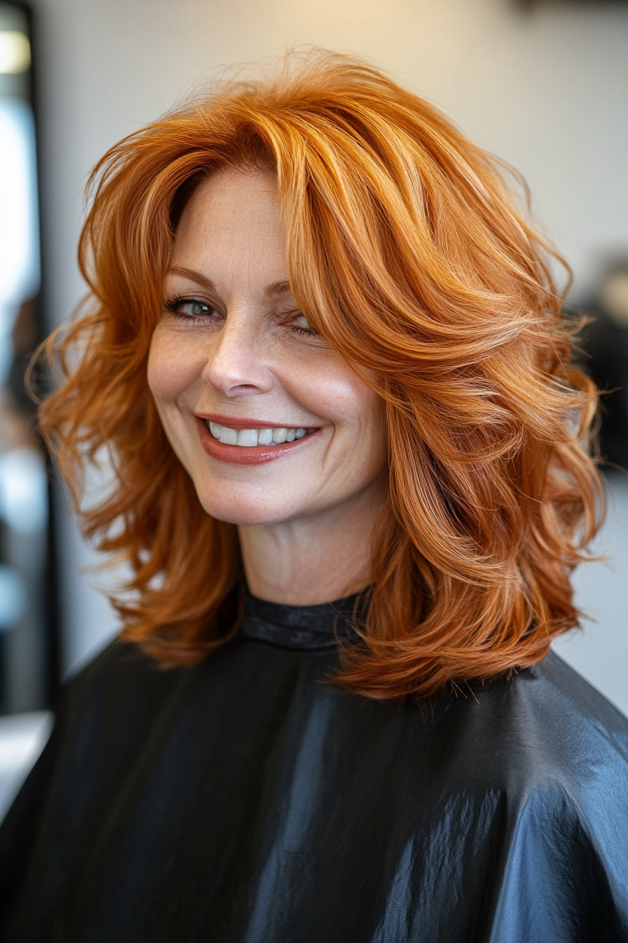 10. Tousled Waves with Copper Highlights (Shoulder Length Hairstyles For Women Over 50) - Shoulder Length Hairstyles For Women Over 50