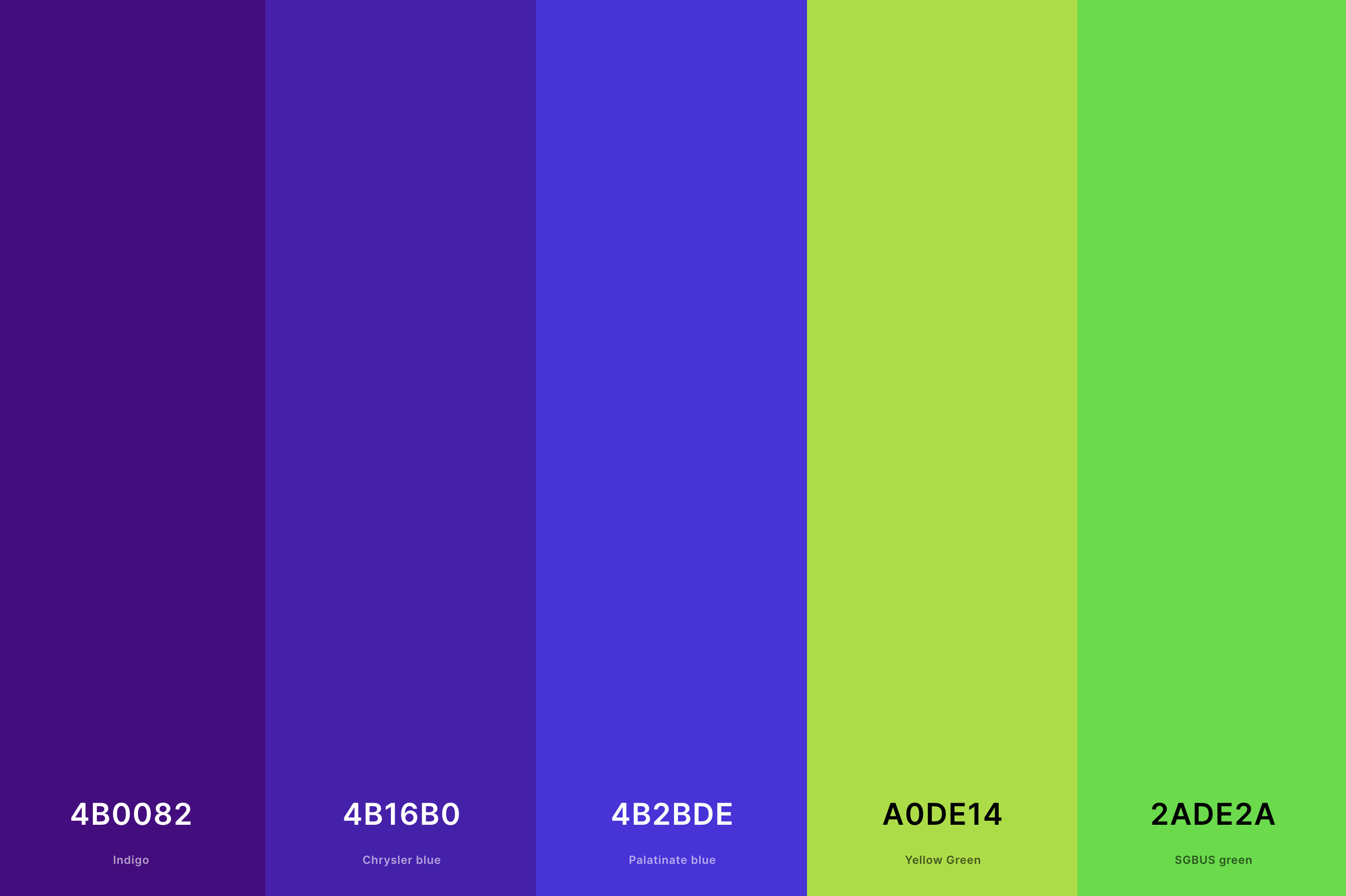 10. Tropical Indigo Color Palette Color Palette with Indigo (Hex #4B0082) + Chrysler Blue (Hex #4B16B0) + Palatinate Blue (Hex #4B2BDE) + Yellow Green (Hex #A0DE14) + Sgbus Green (Hex #2ADE2A) Color Palette with Hex Codes