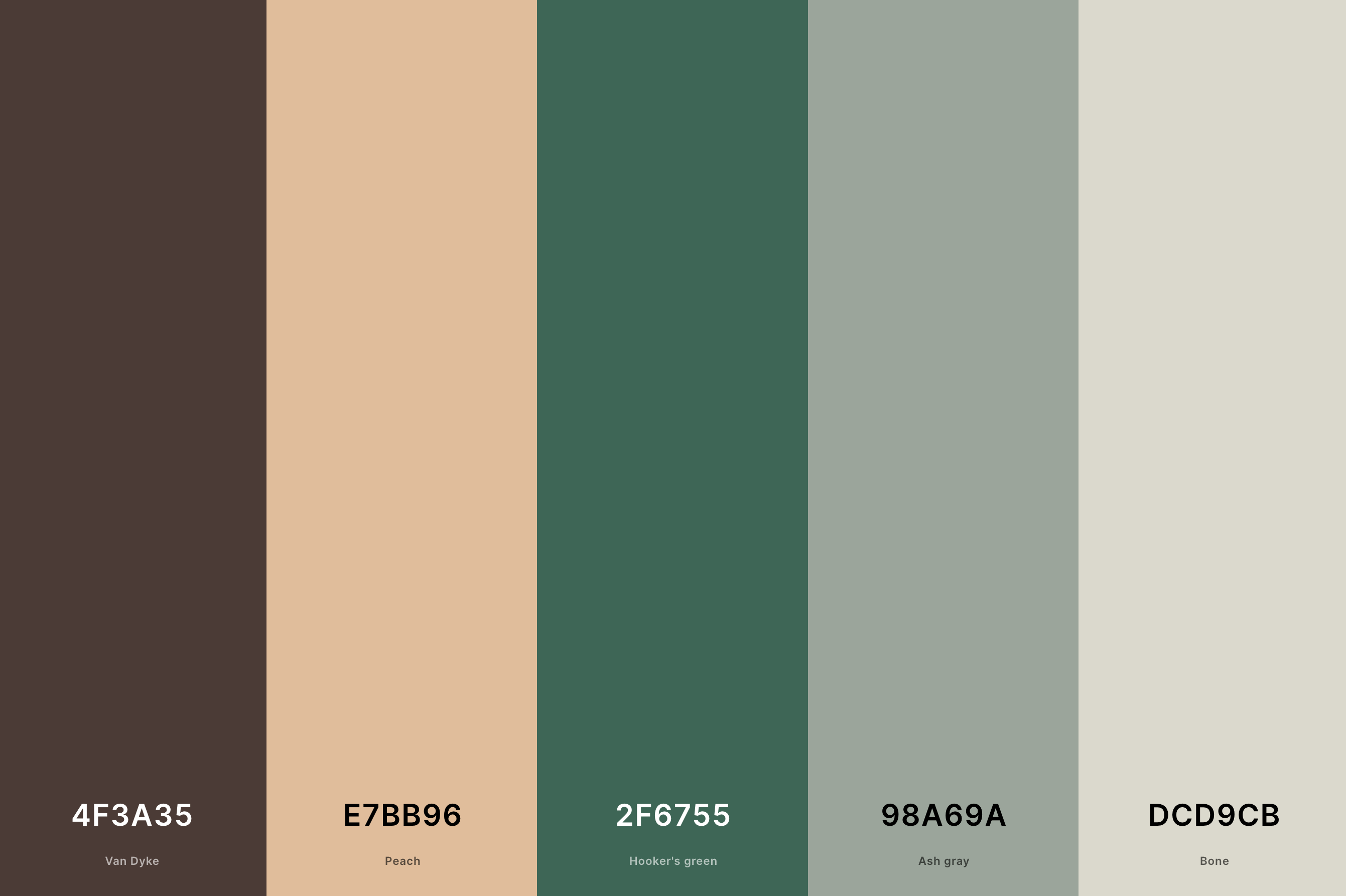 11. Aesthetic Vintage Color Palette Color Palette with Van Dyke (Hex #4F3A35) + Peach (Hex #E7BB96) + Hooker'S Green (Hex #2F6755) + Ash Gray (Hex #98A69A) + Bone (Hex #DCD9CB) Color Palette with Hex Codes