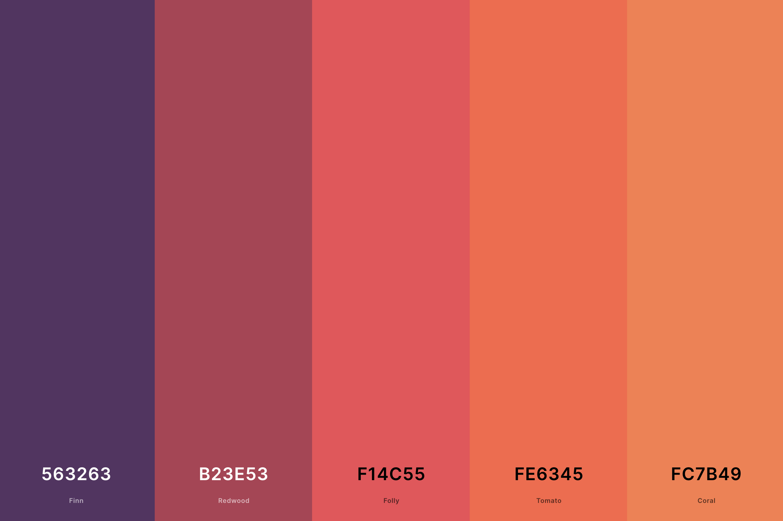 11. Arizona Sunset Color Palette Color Palette with Finn (Hex #563263) + Redwood (Hex #B23E53) + Folly (Hex #F14C55) + Tomato (Hex #FE6345) + Coral (Hex #FC7B49) Color Palette with Hex Codes