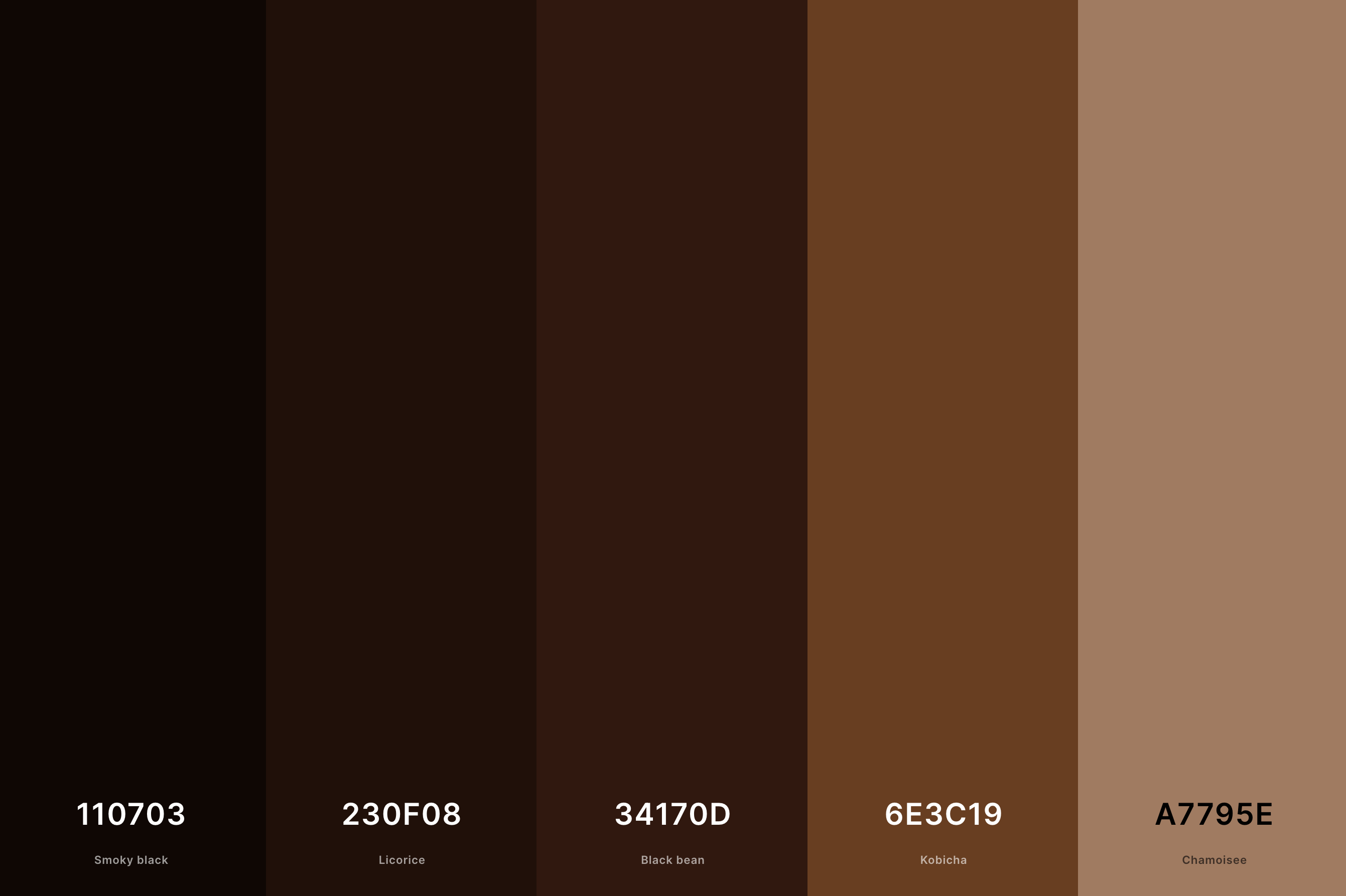 11. Black And Brown Color Palette Color Palette with Smoky Black (Hex #110703) + Licorice (Hex #230F08) + Black Bean (Hex #34170D) + Kobicha (Hex #6E3C19) + Chamoisee (Hex #A7795E) Color Palette with Hex Codes
