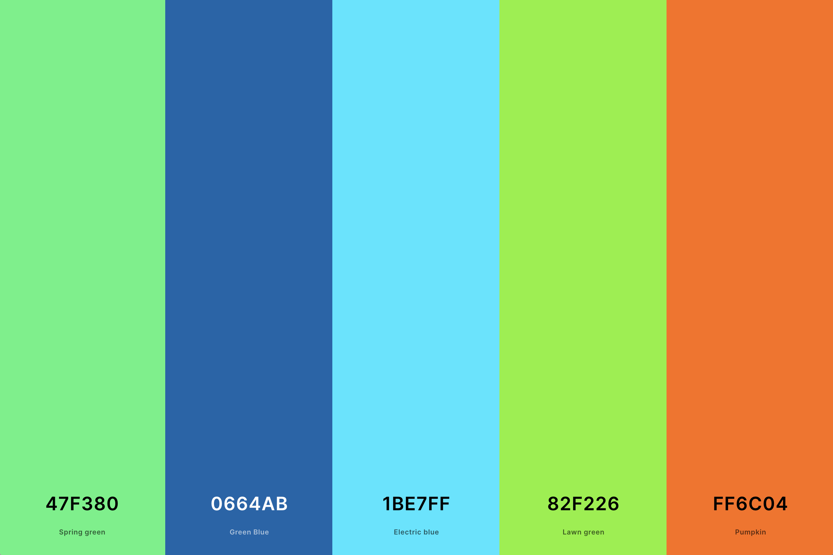 11. Blue, Green And Orange Color Palette Color Palette with Spring Green (Hex #47F380) + Green Blue (Hex #0664AB) + Electric Blue (Hex #1BE7FF) + Lawn Green (Hex #82F226) + Pumpkin (Hex #FF6C04) Color Palette with Hex Codes