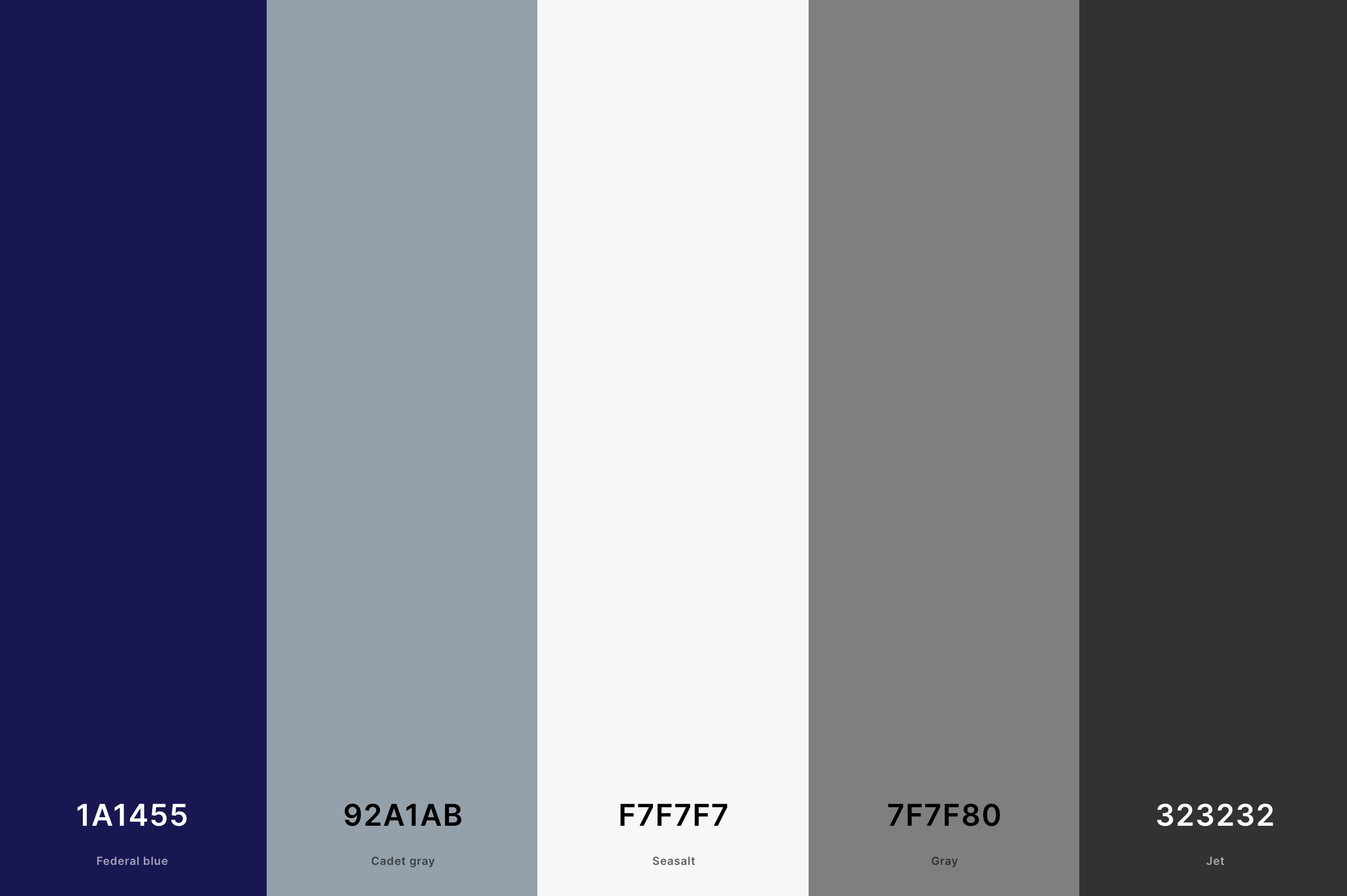 11. Cool Neutral Color Palette Color Palette with Federal Blue (Hex #1A1455) + Cadet Gray (Hex #92A1AB) + Seasalt (Hex #F7F7F7) + Gray (Hex #7F7F80) + Jet (Hex #323232) Color Palette with Hex Codes