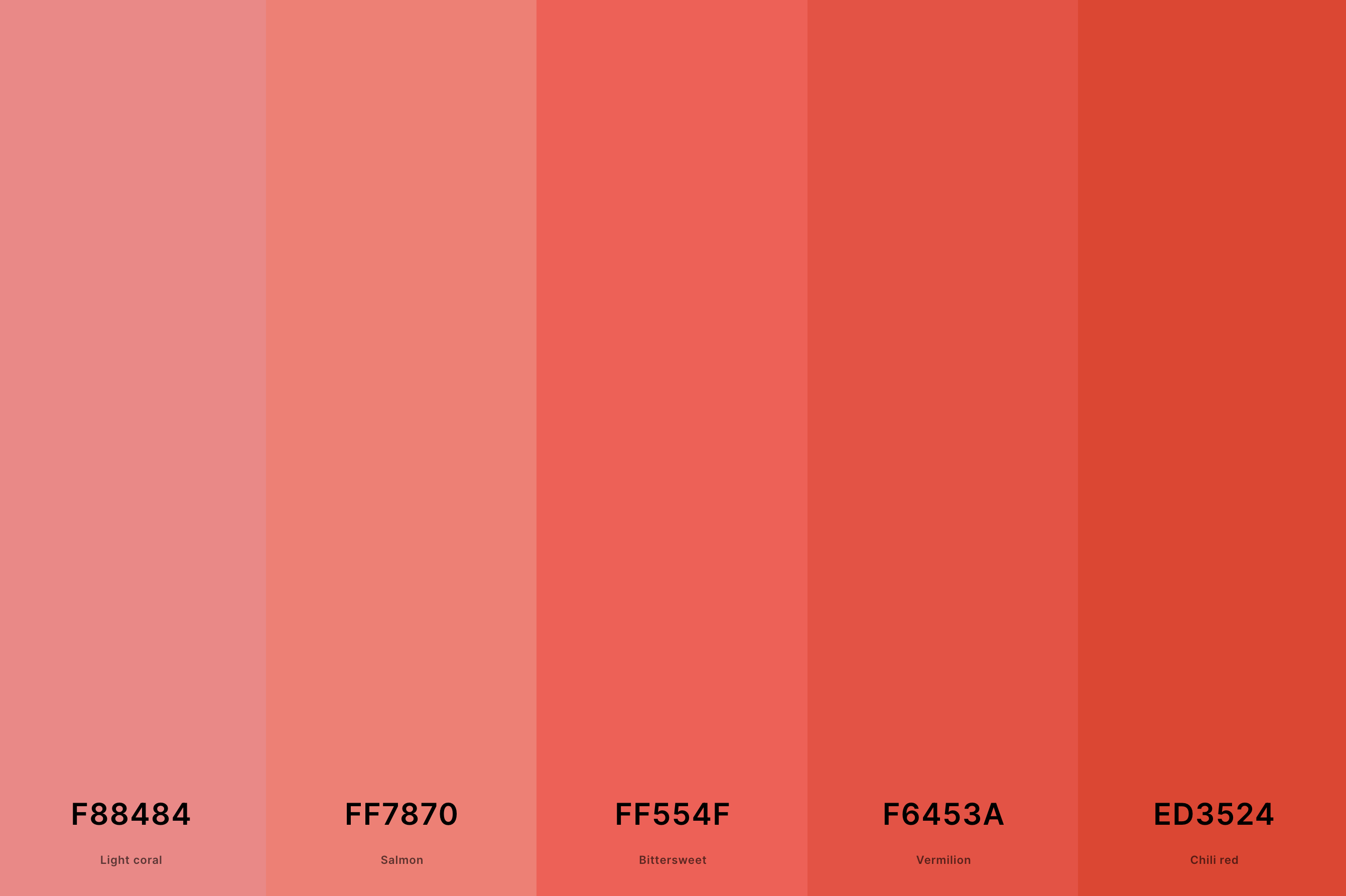 11. Coral And Pink Color Palette Color Palette with Light Coral (Hex #F88484) + Salmon (Hex #FF7870) + Bittersweet (Hex #FF554F) + Vermilion (Hex #F6453A) + Chili Red (Hex #ED3524) Color Palette with Hex Codes