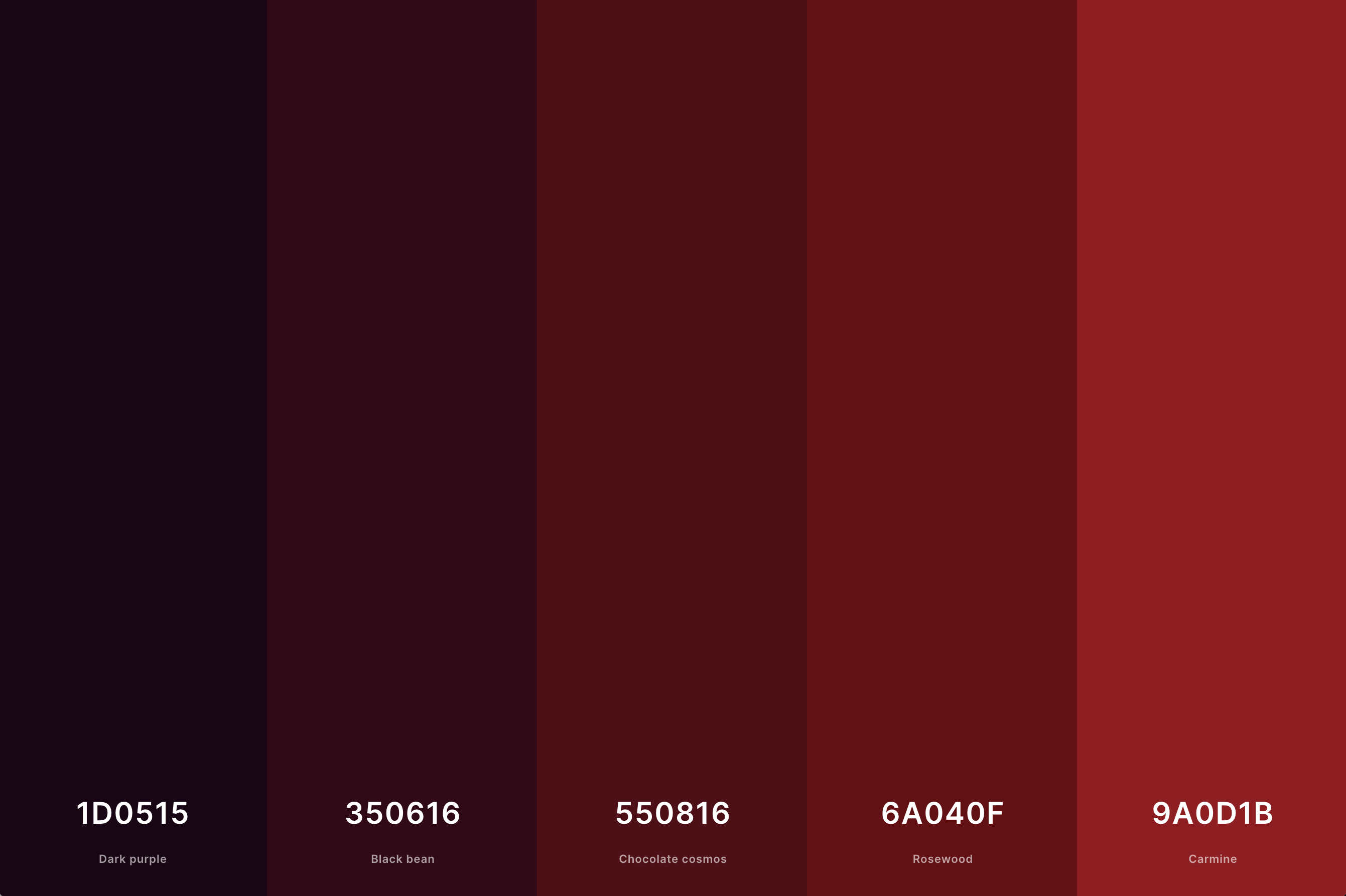 11. Deep Red Color Palette Color Palette with Dark Purple (Hex #1D0515) + Black Bean (Hex #350616) + Chocolate Cosmos (Hex #550816) + Rosewood (Hex #6A040F) + Carmine (Hex #9A0D1B) Color Palette with Hex Codes