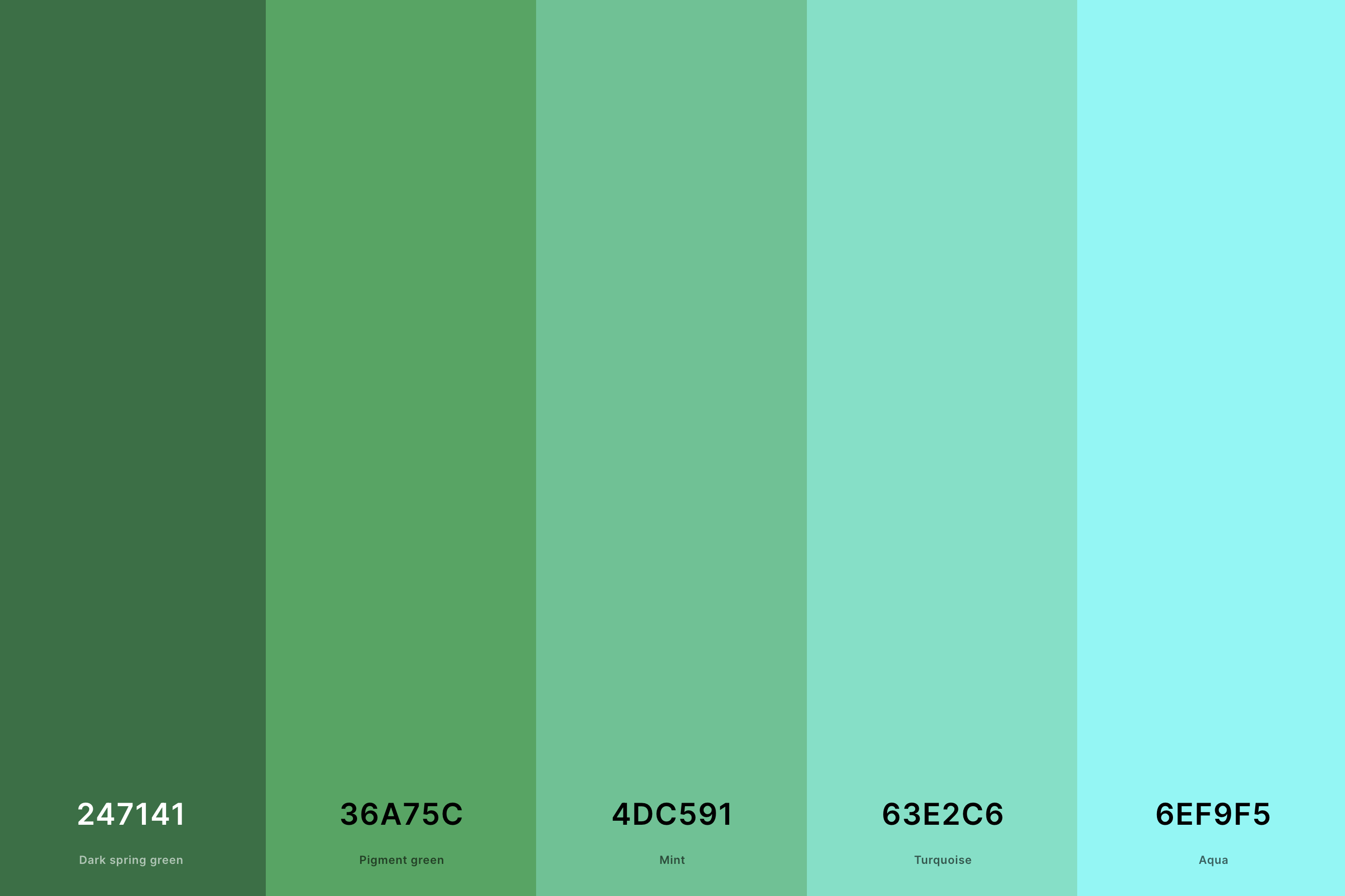 11. Green And Turquoise Color Palette Color Palette with Dark Spring Green (Hex #247141) + Pigment Green (Hex #36A75C) + Mint (Hex #4DC591) + Turquoise (Hex #63E2C6) + Aqua (Hex #6EF9F5) Color Palette with Hex Codes