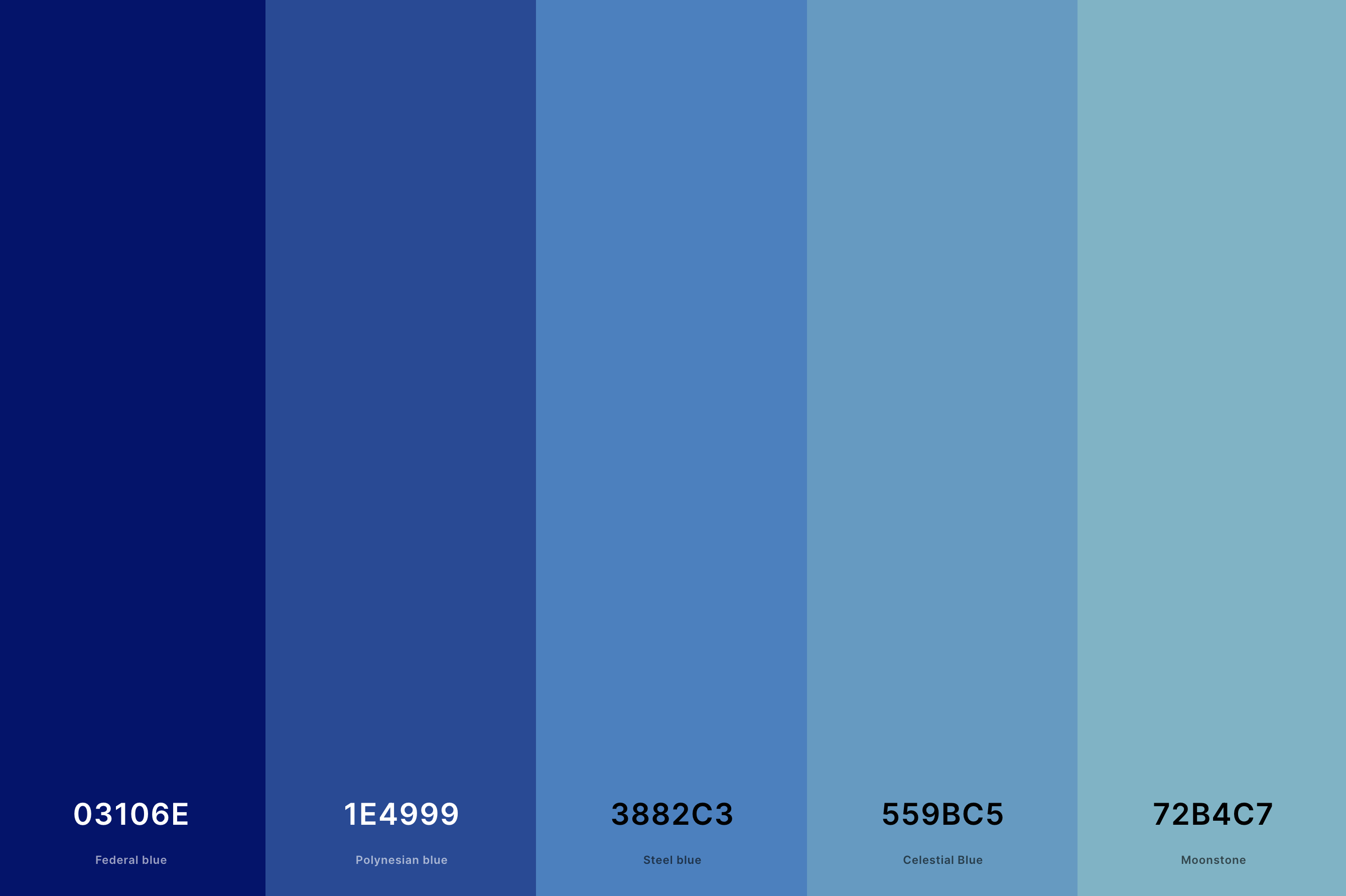 11. Indigo Ombre Color Palette Color Palette with Federal Blue (Hex #03106E) + Polynesian Blue (Hex #1E4999) + Steel Blue (Hex #3882C3) + Celestial Blue (Hex #559BC5) + Moonstone (Hex #72B4C7) Color Palette with Hex Codes