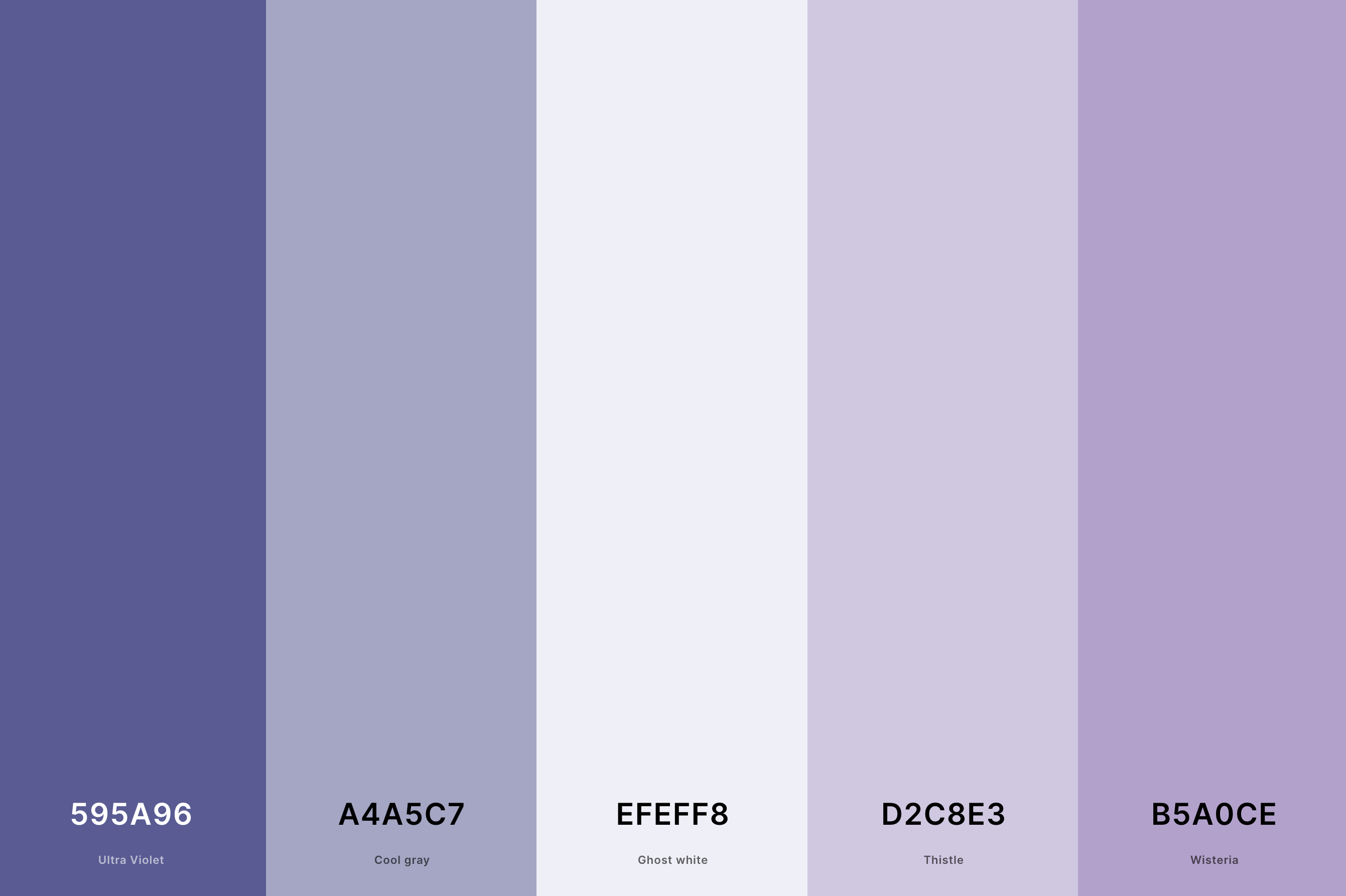 11. Lavender Haze Color Palette Color Palette with Ultra Violet (Hex #595A96) + Cool Gray (Hex #A4A5C7) + Ghost White (Hex #EFEFF8) + Thistle (Hex #D2C8E3) + Wisteria (Hex #B5A0CE) Color Palette with Hex Codes