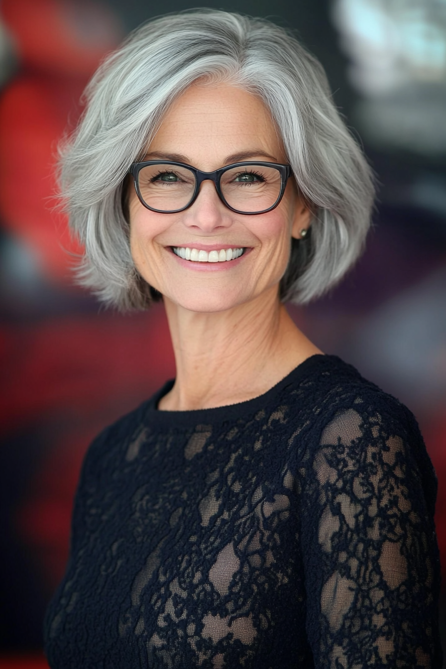 11. Layered Lob with Gray Undertones (Short Hairstyles For Women Over 60 With Glasses) - Short Hairstyles For Women Over 60 With Glasses