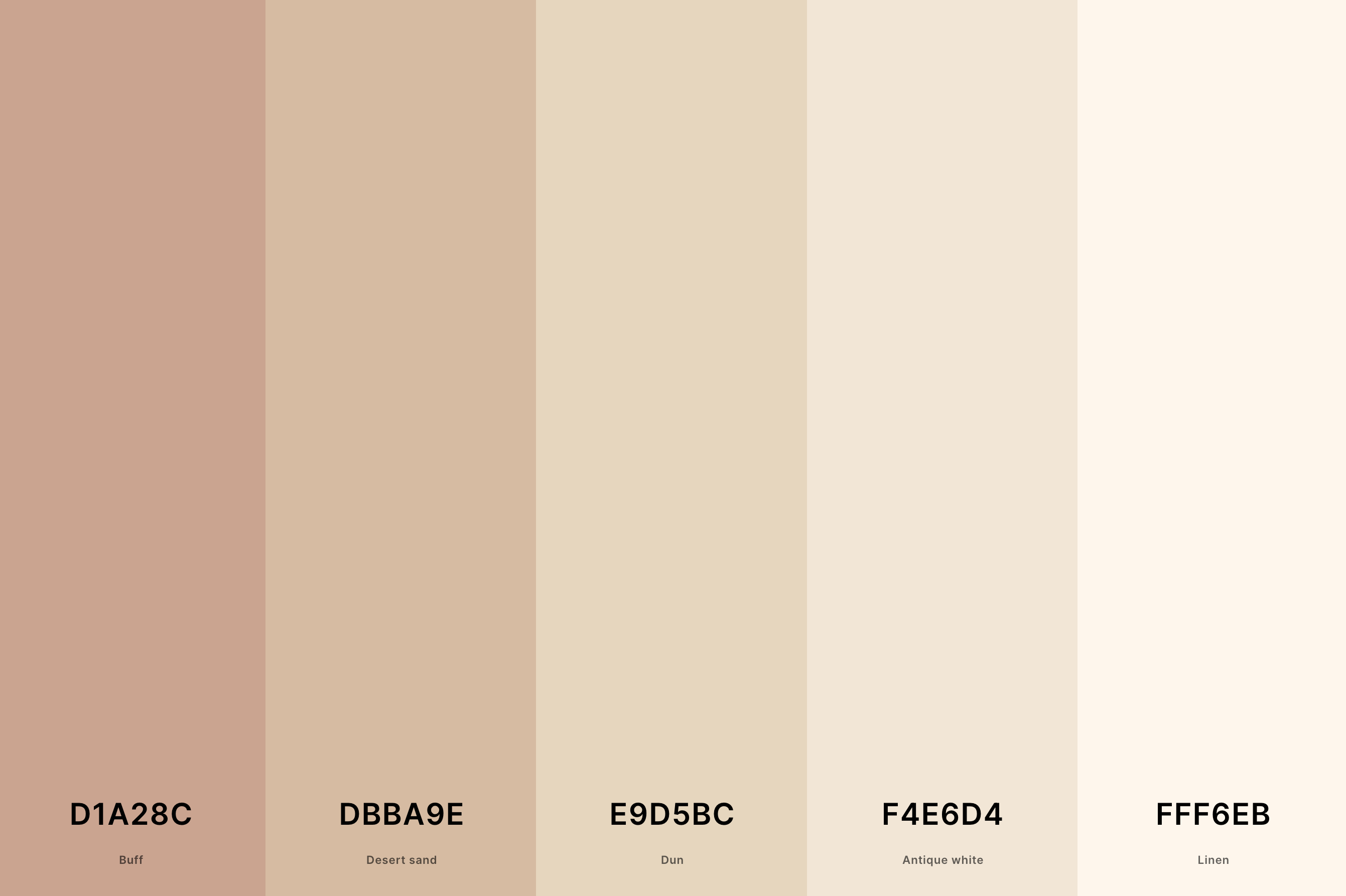 11. Light Tan Color Palette Color Palette with Buff (Hex #D1A28C) + Desert Sand (Hex #DBBA9E) + Dun (Hex #E9D5BC) + Antique White (Hex #F4E6D4) + Linen (Hex #FFF6EB) Color Palette with Hex Codes