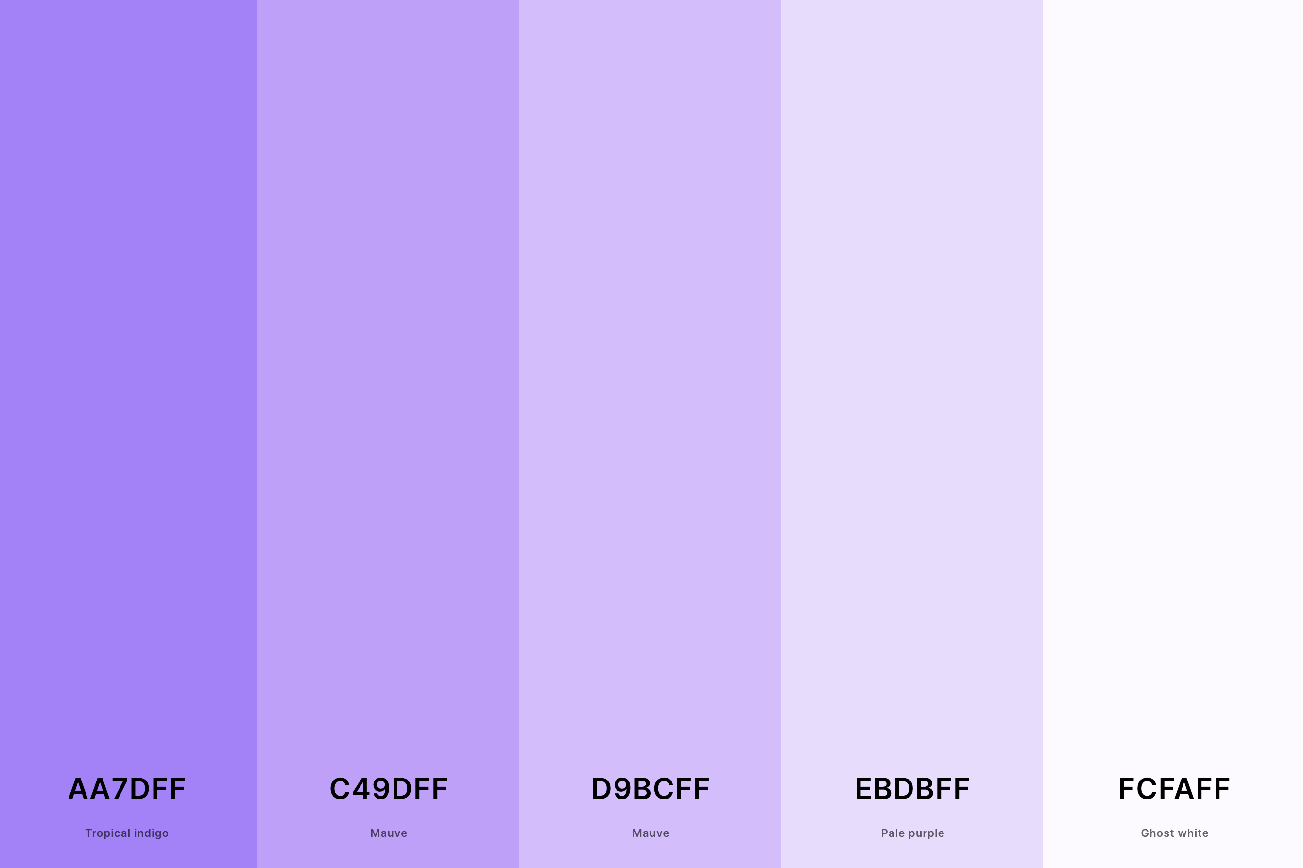 11. Light Violet Color Palette Color Palette with Tropical Indigo (Hex #AA7DFF) + Mauve (Hex #C49DFF) + Mauve (Hex #D9BCFF) + Pale Purple (Hex #EBDBFF) + Ghost White (Hex #FCFAFF) Color Palette with Hex Codes