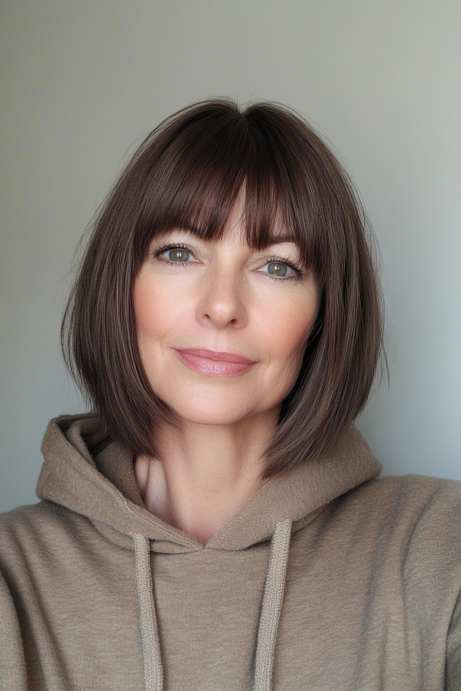 11. Mocha Angled Bob with Long Bangs (Short Bob Haircuts With Bangs For Older Women) - Short Bob Haircuts With Bangs For Older Women