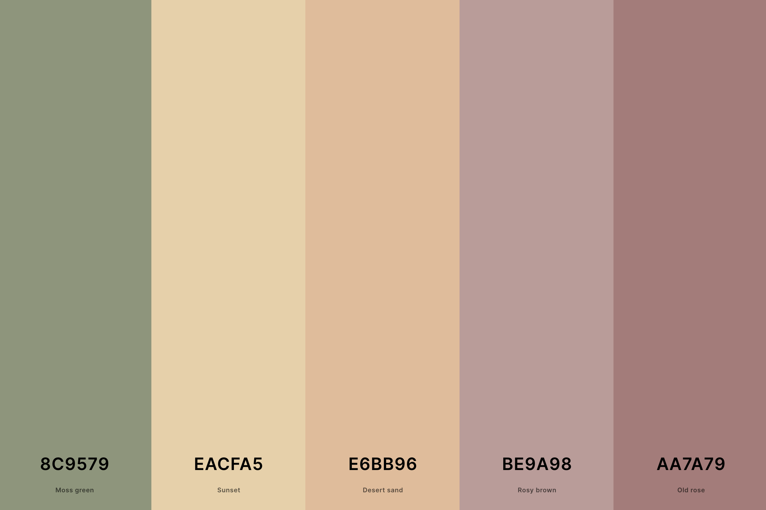 11. Pastel Autumn Color Palette Color Palette with Moss Green (Hex #8C9579) + Sunset (Hex #EACFA5) + Desert Sand (Hex #E6BB96) + Rosy Brown (Hex #BE9A98) + Old Rose (Hex #AA7A79) Color Palette with Hex Codes