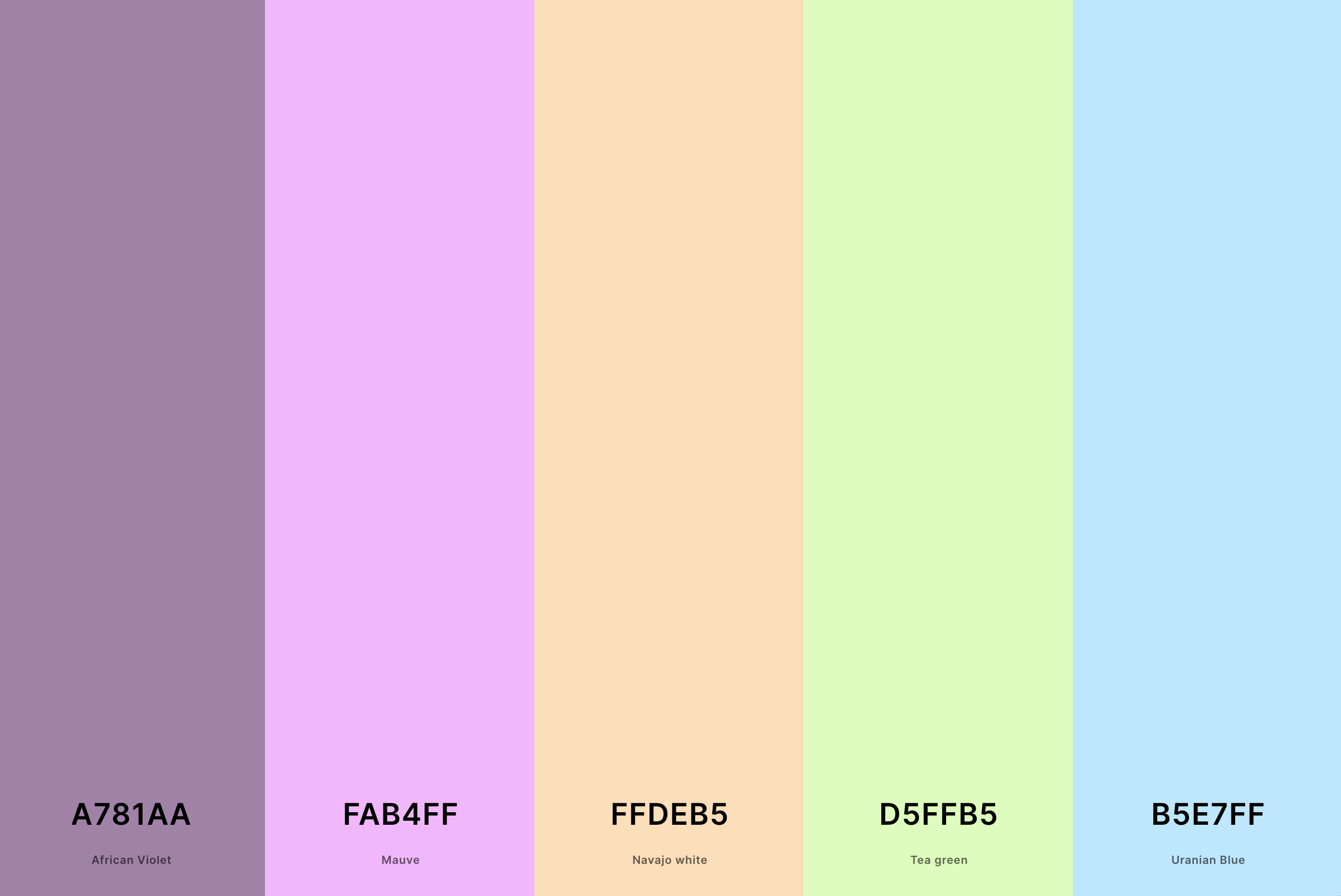 11. Pastel Magenta Color Palette Color Palette with African Violet (Hex #A781AA) + Mauve (Hex #FAB4FF) + Navajo White (Hex #FFDEB5) + Tea Green (Hex #D5FFB5) + Uranian Blue (Hex #B5E7FF) Color Palette with Hex Codes