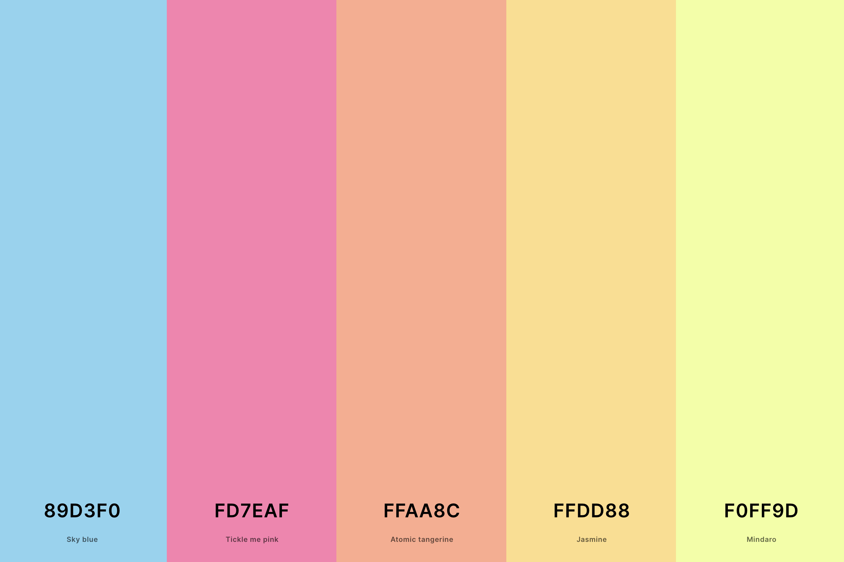 11. Pastel Neon Color Palette Color Palette with Sky Blue (Hex #89D3F0) + Tickle Me Pink (Hex #FD7EAF) + Atomic Tangerine (Hex #FFAA8C) + Jasmine (Hex #FFDD88) + Mindaro (Hex #F0FF9D) Color Palette with Hex Codes