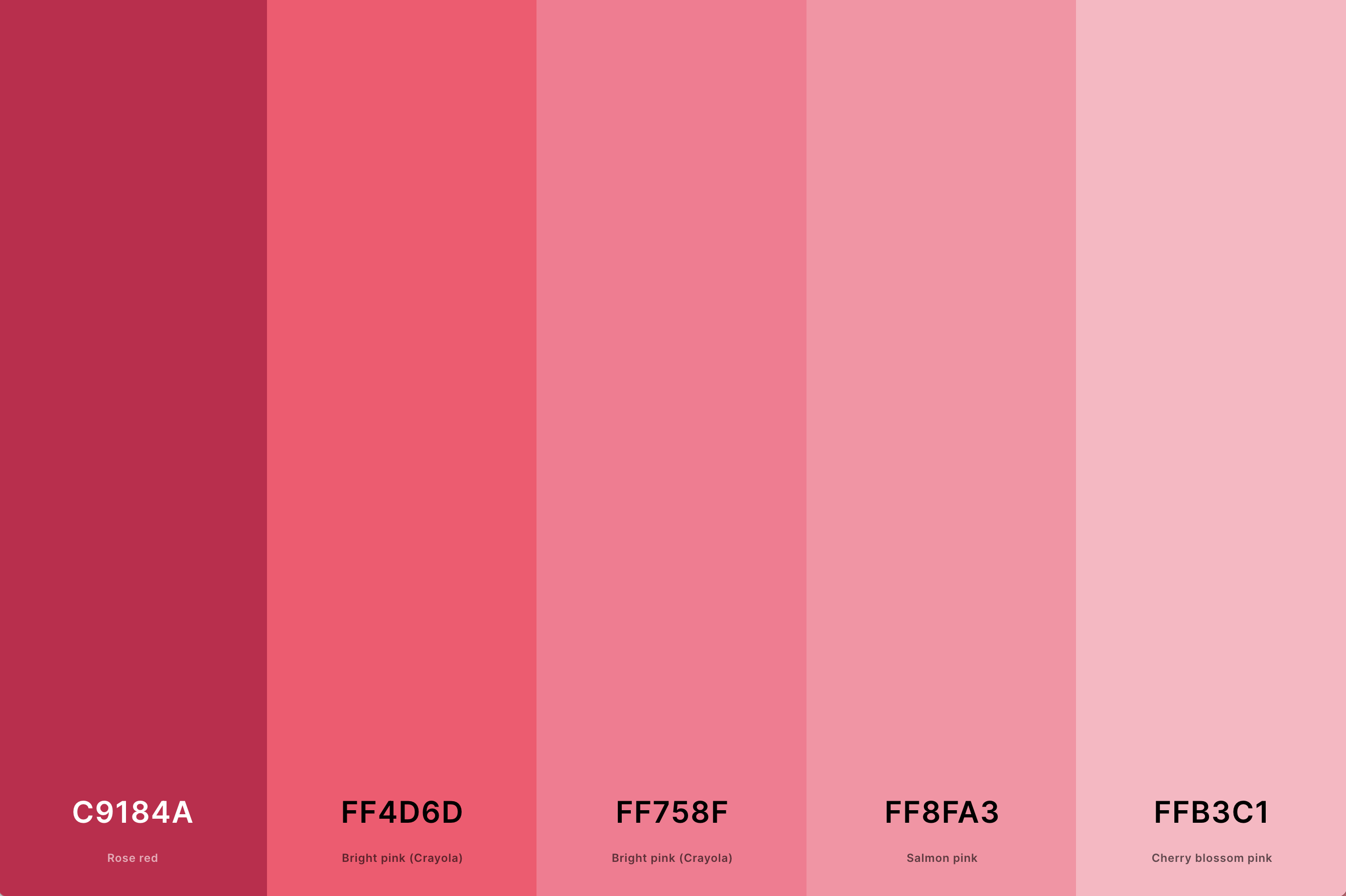 11. Pink And Red Color Palette Color Palette with Rose Red (Hex #C9184A) + Bright Pink (Crayola) (Hex #FF4D6D) + Bright Pink (Crayola) (Hex #FF758F) + Salmon Pink (Hex #FF8FA3) + Cherry Blossom Pink (Hex #FFB3C1) Color Palette with Hex Codes