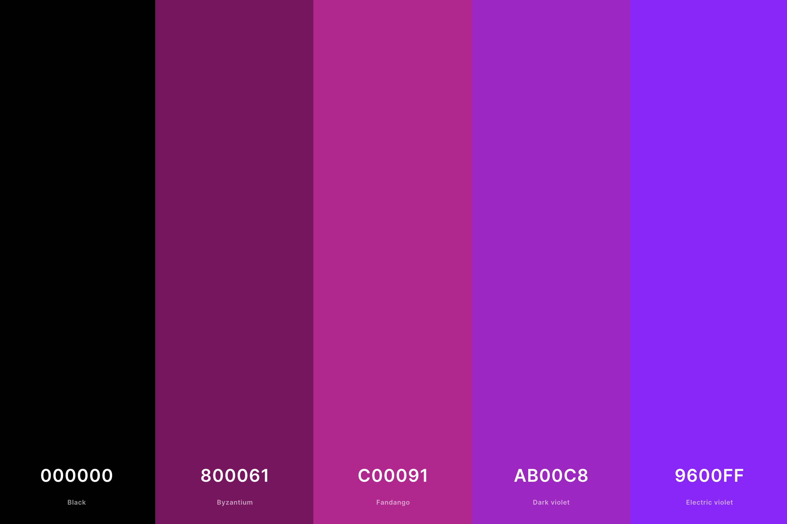 11. Purple And Black Color Palette Color Palette with Black (Hex #000000) + Byzantium (Hex #800061) + Fandango (Hex #C00091) + Dark Violet (Hex #AB00C8) + Electric Violet (Hex #9600FF) Color Palette with Hex Codes