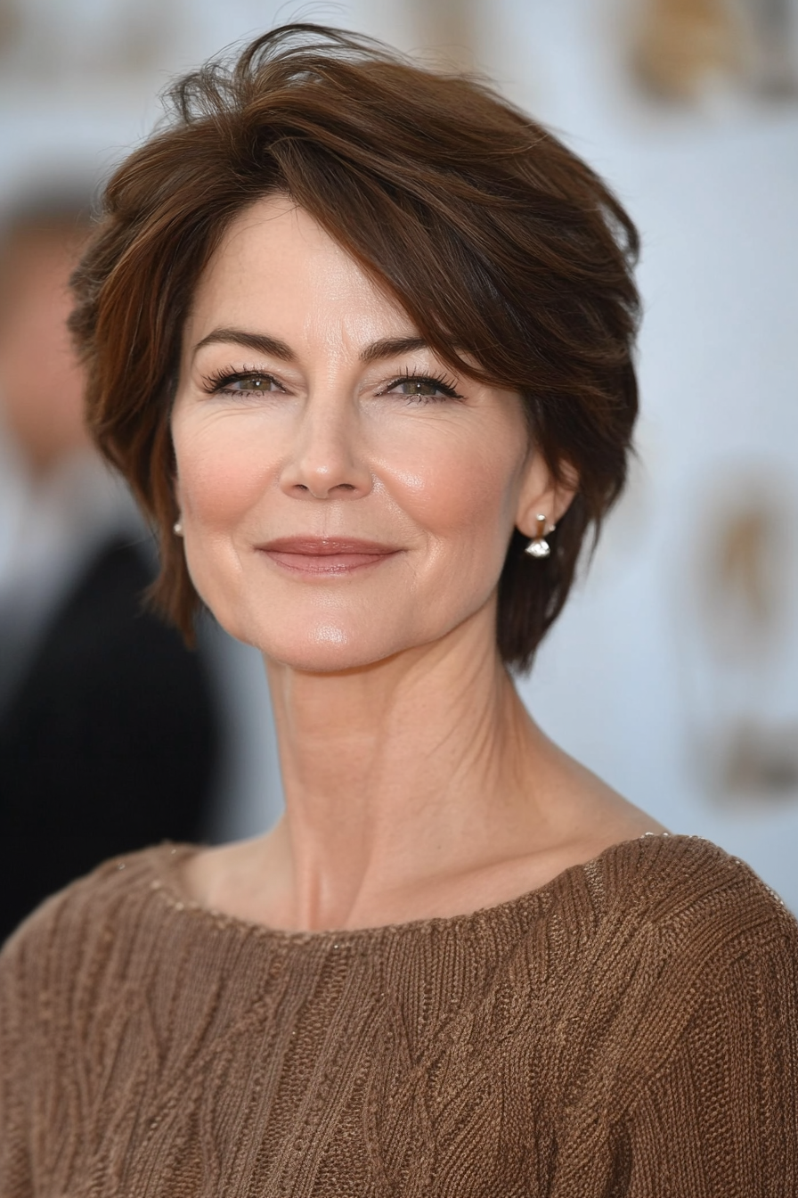 11. Short Layered Crop in Chestnut Brown (Short Hairstyles For Older Women With Fine Hair) - Short Hairstyles For Older Women With Fine Hair
