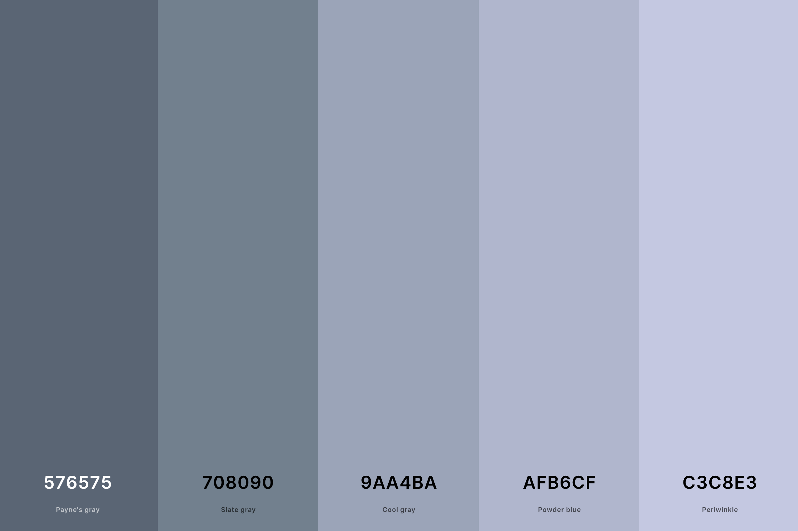 11. Slate Gray Color Palette Color Palette with Payne'S Gray (Hex #576575) + Slate Gray (Hex #708090) + Cool Gray (Hex #9AA4BA) + Powder Blue (Hex #AFB6CF) + Periwinkle (Hex #C3C8E3) Color Palette with Hex Codes