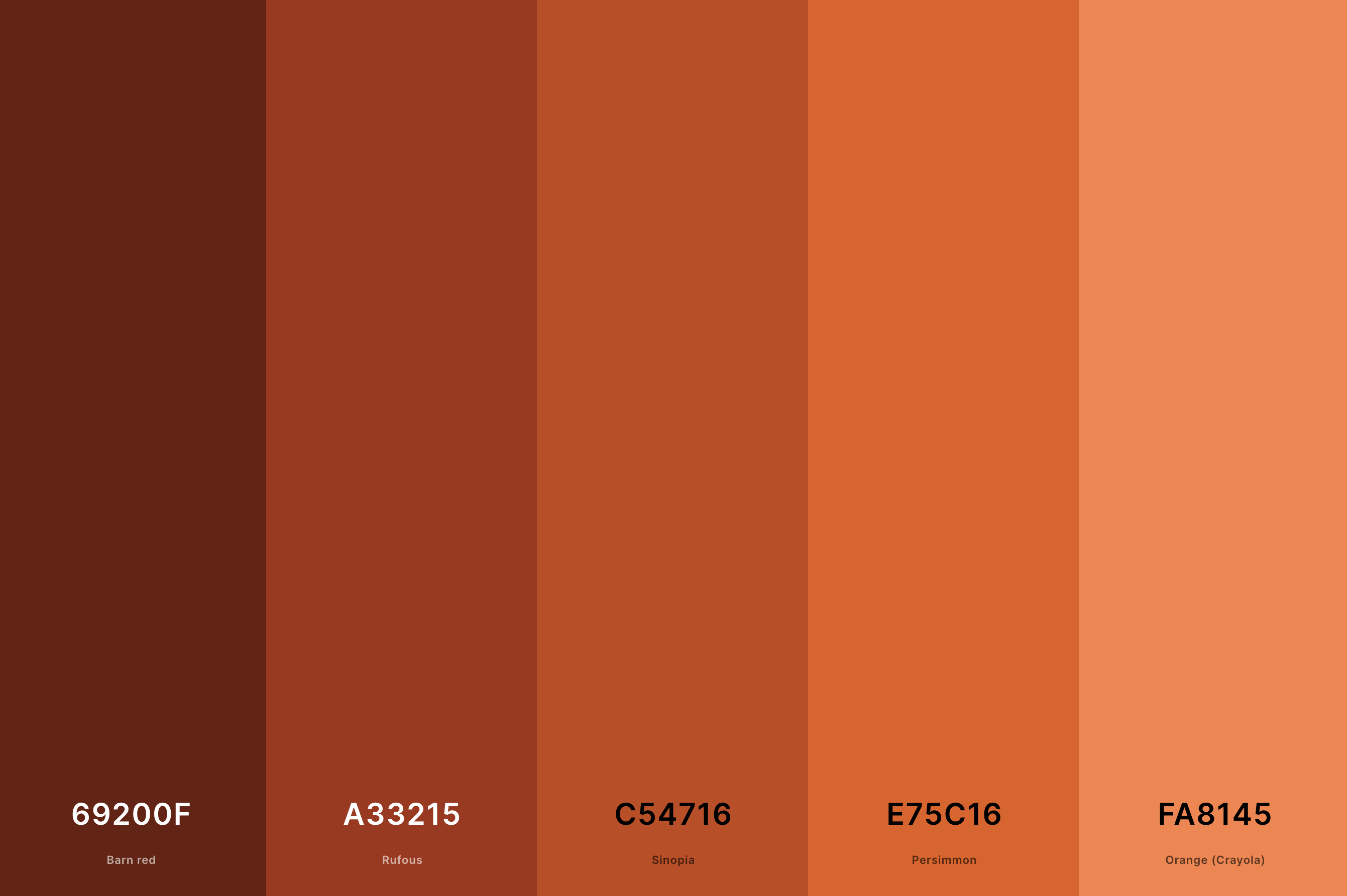 11. Terracotta And Orange Color Palette Color Palette with Barn Red (Hex #69200F) + Rufous (Hex #A33215) + Sinopia (Hex #C54716) + Persimmon (Hex #E75C16) + Orange (Crayola) (Hex #FA8145) Color Palette with Hex Codes