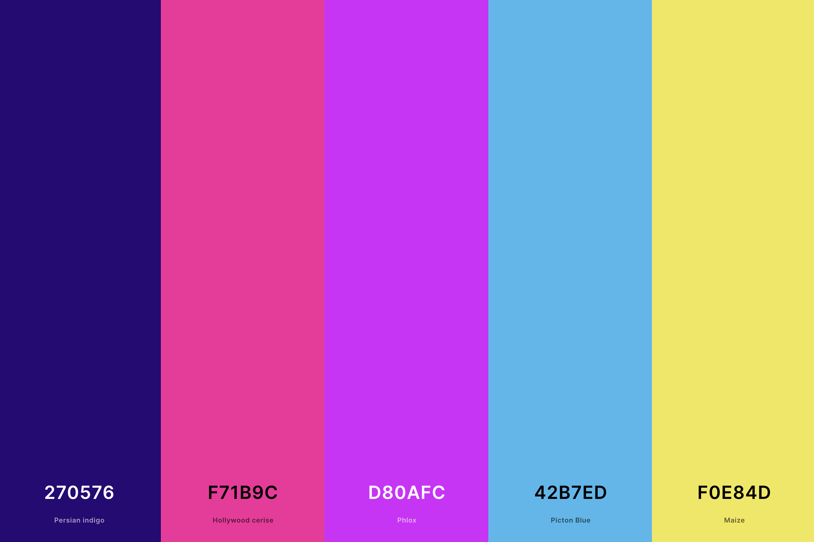 12. 80s Neon Color Palette Color Palette with Persian Indigo (Hex #270576) + Hollywood Cerise (Hex #F71B9C) + Phlox (Hex #D80AFC) + Picton Blue (Hex #42B7ED) + Maize (Hex #F0E84D) Color Palette with Hex Codes