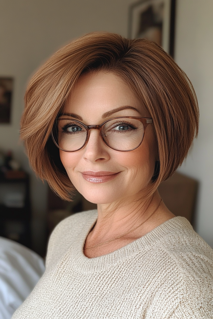 12. Asymmetrical Bob in Natural Auburn (Short Hairstyles For Older Women With Glasses) - Short Hairstyles For Older Women With Glasses