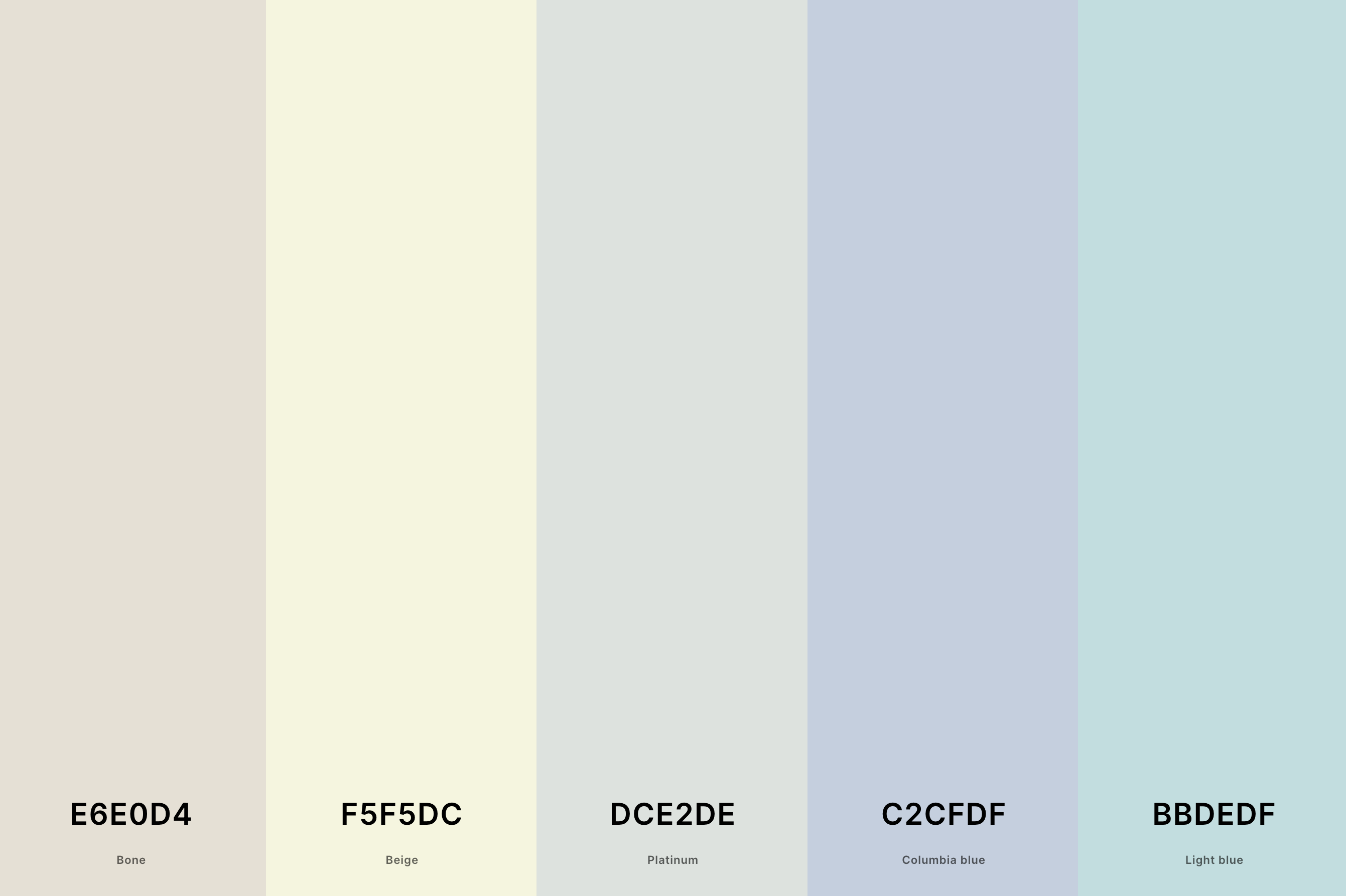 12. Beige And Light Blue Color Palette Color Palette with Bone (Hex #E6E0D4) + Beige (Hex #F5F5DC) + Platinum (Hex #DCE2DE) + Columbia Blue (Hex #C2CFDF) + Light Blue (Hex #BBDEDF) Color Palette with Hex Codes
