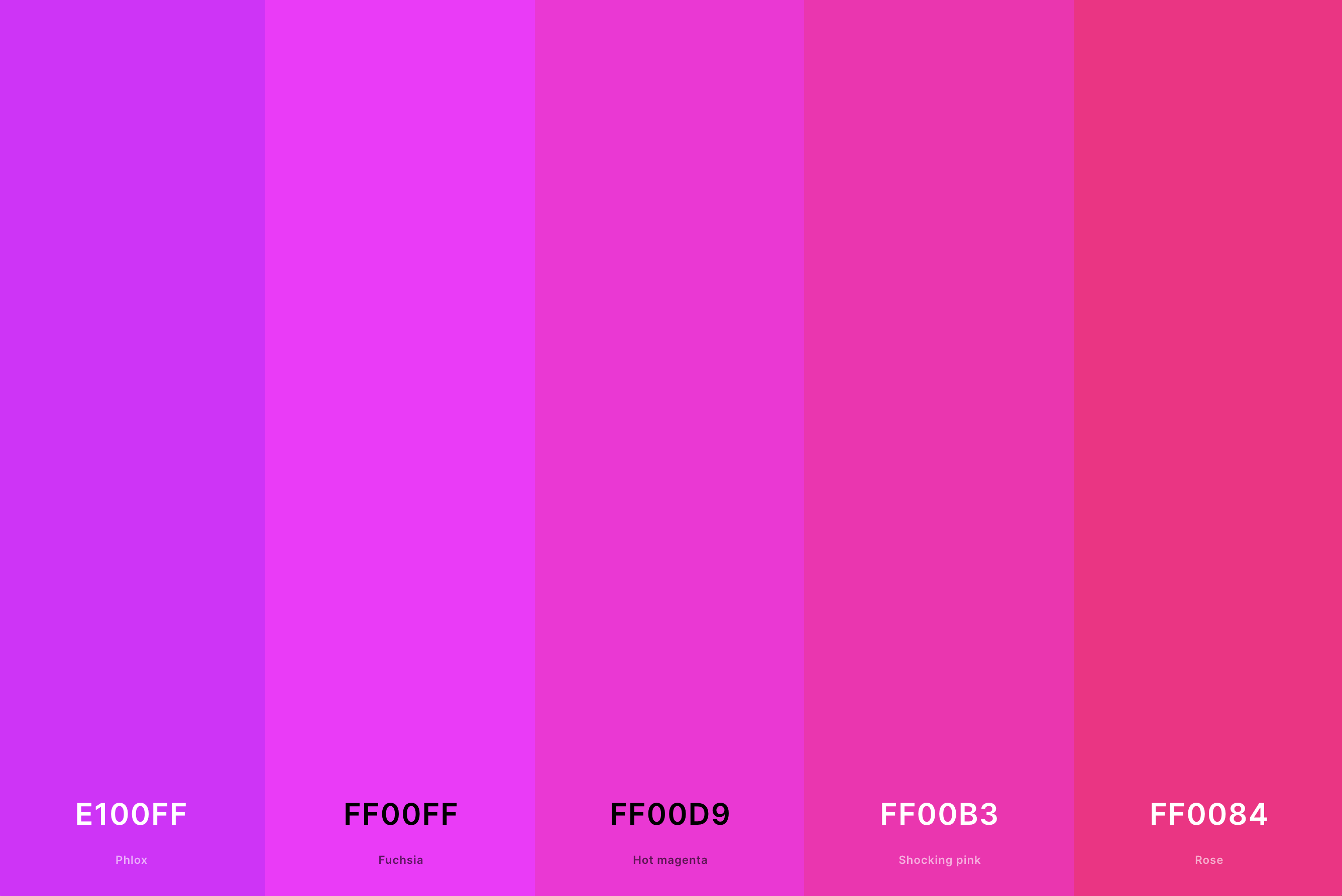 12. Bright Magenta Color Palette Color Palette with Phlox (Hex #E100FF) + Magenta (Hex #FF00FF) + Hot Magenta (Hex #FF00D9) + Shocking Pink (Hex #FF00B3) + Rose (Hex #FF0084) Color Palette with Hex Codes