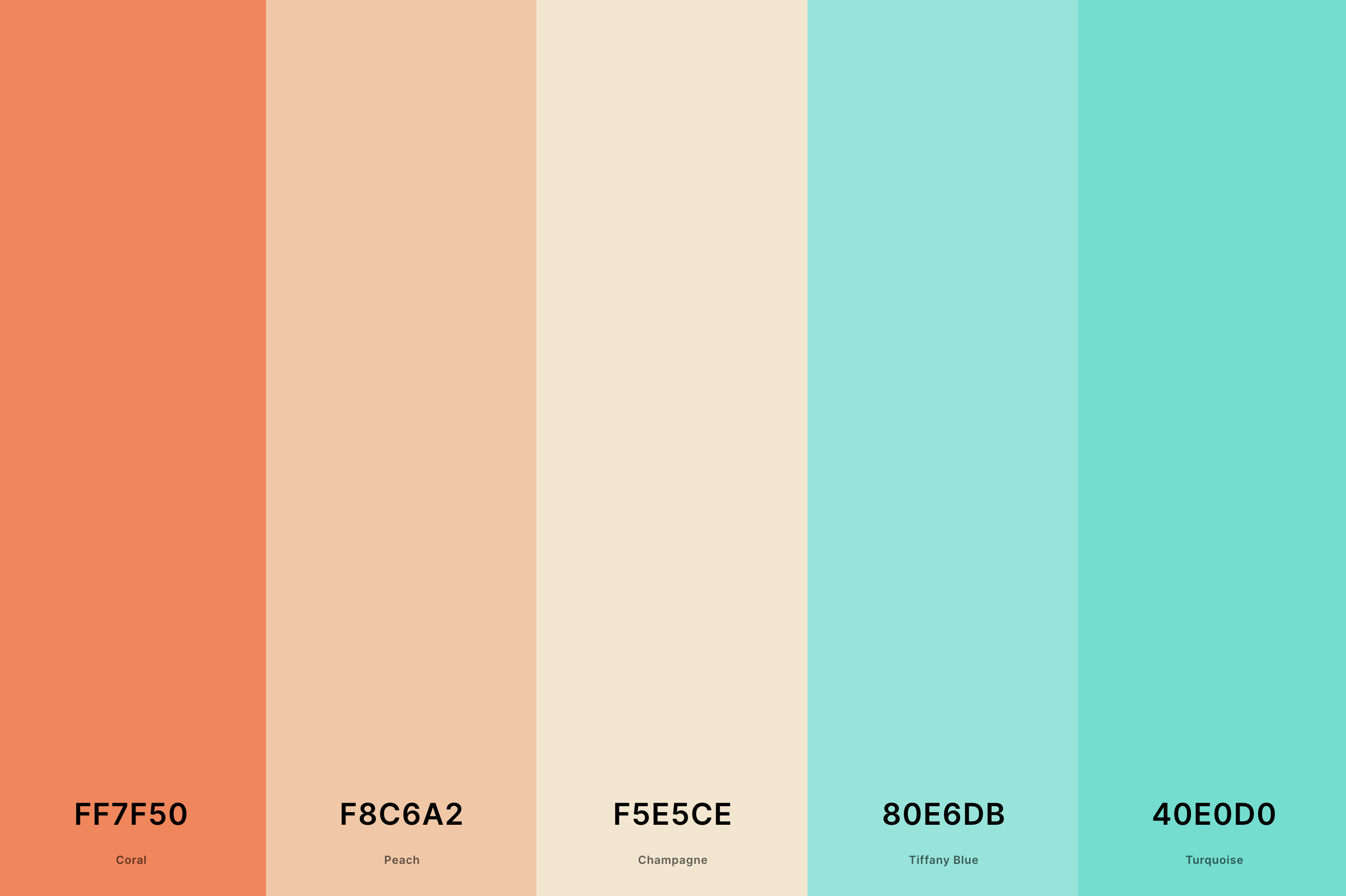 12. Coral And Turquoise Color Palette Color Palette with Coral (Hex #FF7F50) + Peach (Hex #F8C6A2) + Champagne (Hex #F5E5CE) + Tiffany Blue (Hex #80E6DB) + Turquoise (Hex #40E0D0) Color Palette with Hex Codes