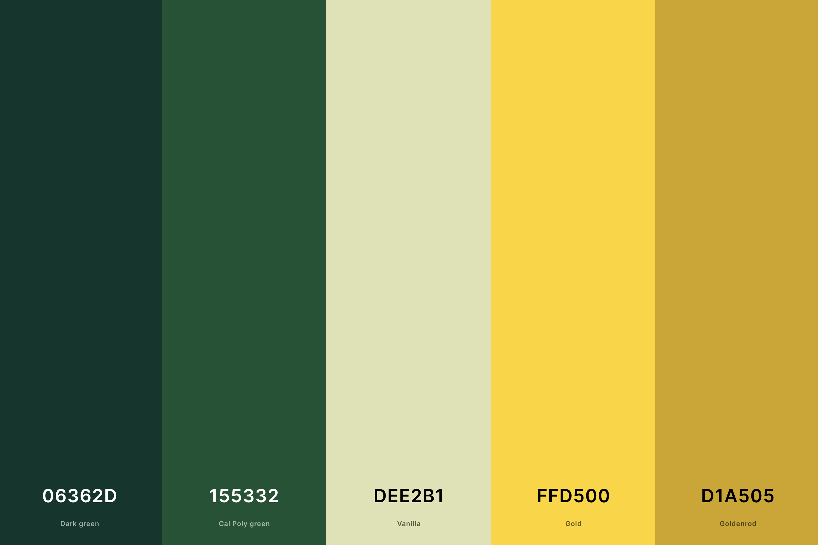 12. Dark Green And Gold Color Palette Color Palette with Dark Green (Hex #06362D) + Cal Poly Green (Hex #155332) + Vanilla (Hex #DEE2B1) + Gold (Hex #FFD500) + Goldenrod (Hex #D1A505) Color Palette with Hex Codes