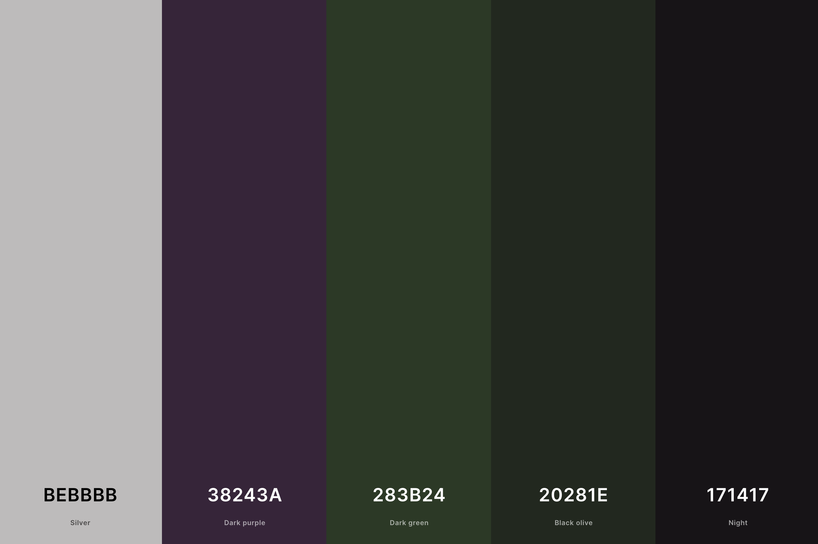 12. Dark Neutral Color Palette Color Palette with Silver (Hex #BEBBBB) + Dark Purple (Hex #38243A) + Dark Green (Hex #283B24) + Black Olive (Hex #20281E) + Night (Hex #171417) Color Palette with Hex Codes