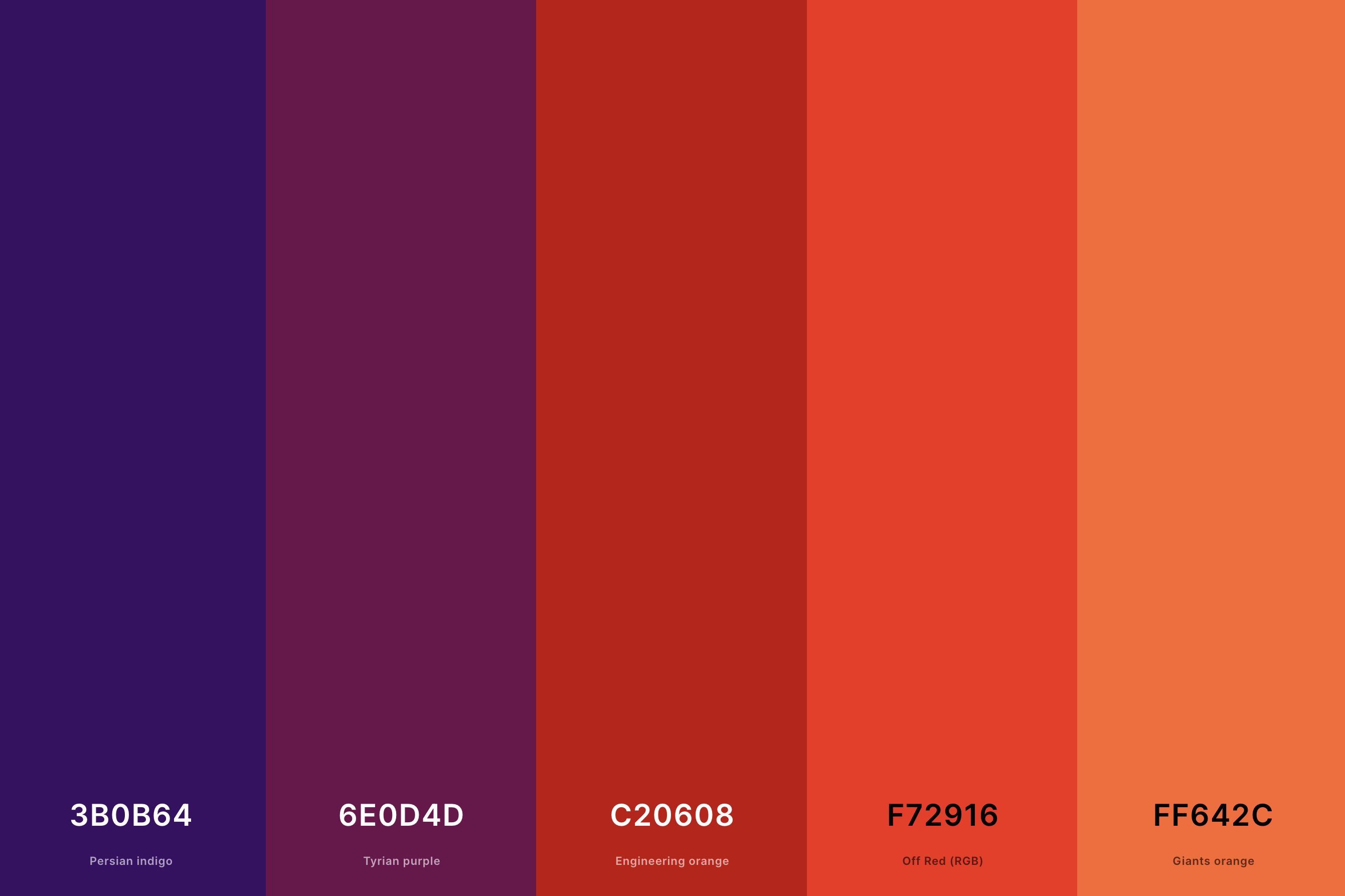 12. Dark Sunset Color Palette Color Palette with Persian Indigo (Hex #3B0B64) + Tyrian Purple (Hex #6E0D4D) + Engineering Orange (Hex #C20608) + Off Red (Rgb) (Hex #F72916) + Giants Orange (Hex #FF642C) Color Palette with Hex Codes