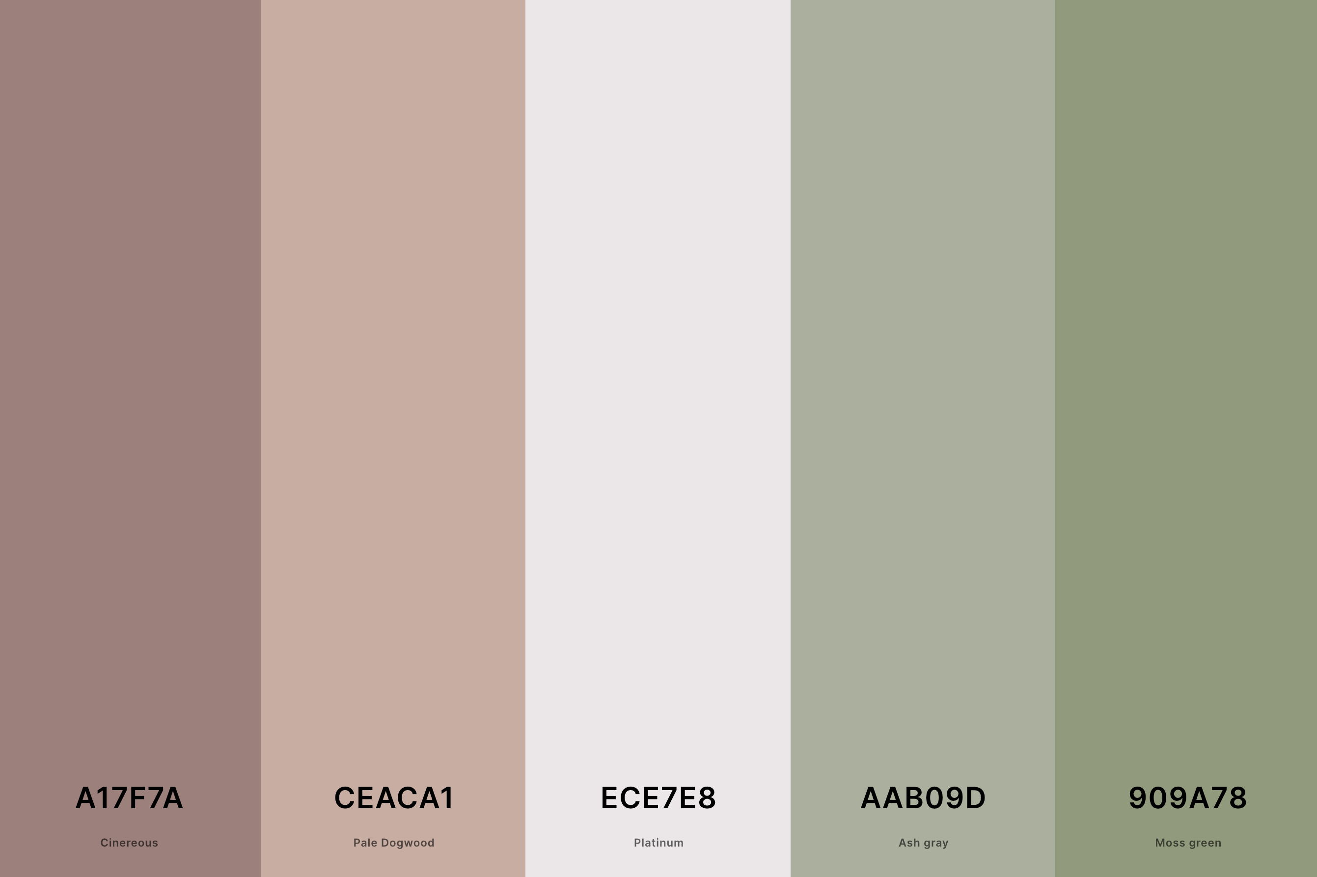 12. Dusty Rose And Sage Green Color Palette Color Palette with Cinereous (Hex #A17F7A) + Pale Dogwood (Hex #CEACA1) + Platinum (Hex #ECE7E8) + Ash Gray (Hex #AAB09D) + Moss Green (Hex #909A78) Color Palette with Hex Codes