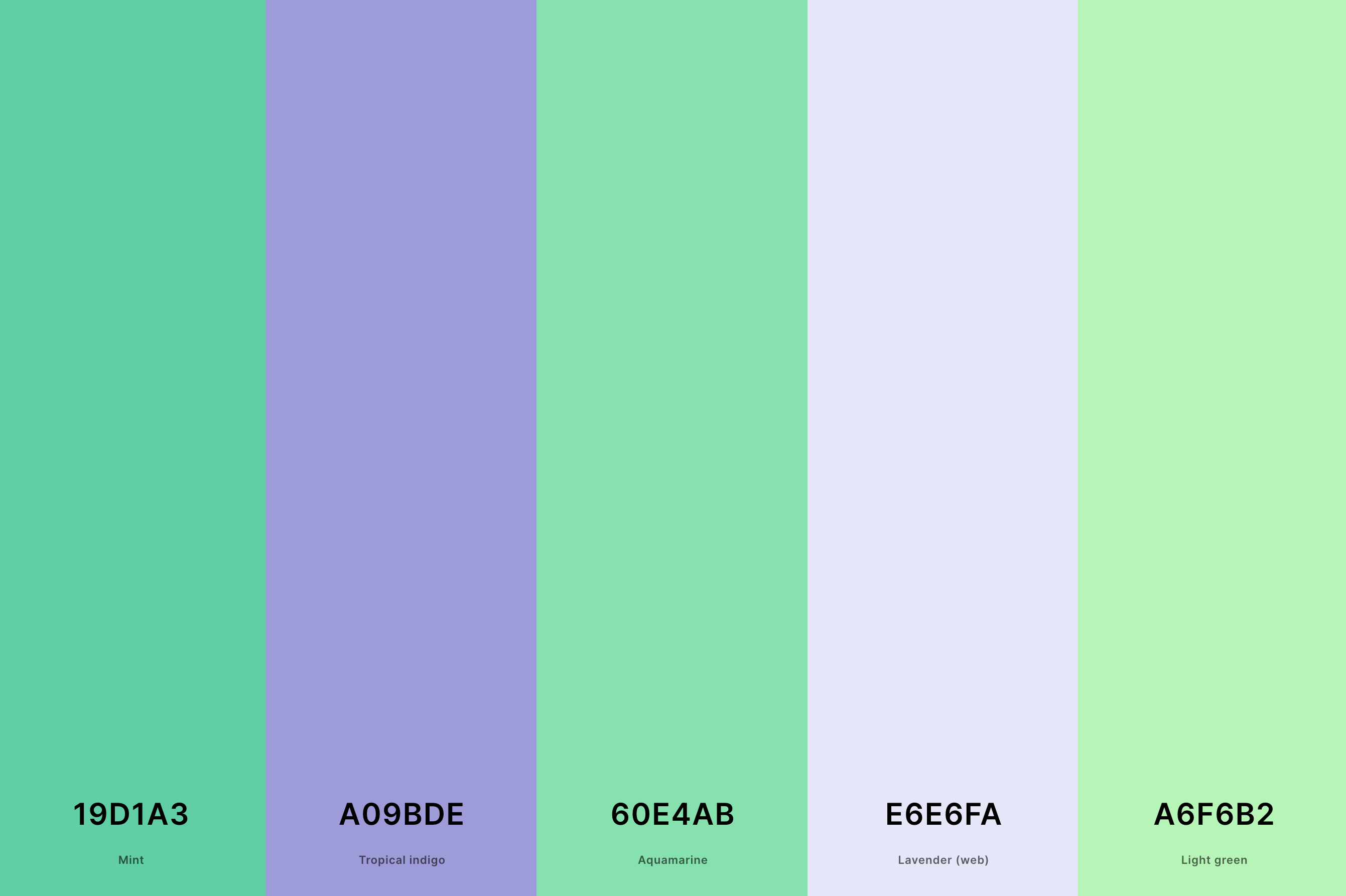 12. Mint And Lavender Color Palette Color Palette with Mint (Hex #19D1A3) + Tropical Indigo (Hex #A09BDE) + Aquamarine (Hex #60E4AB) + Lavender (Web) (Hex #E6E6FA) + Light Green (Hex #A6F6B2) Color Palette with Hex Codes